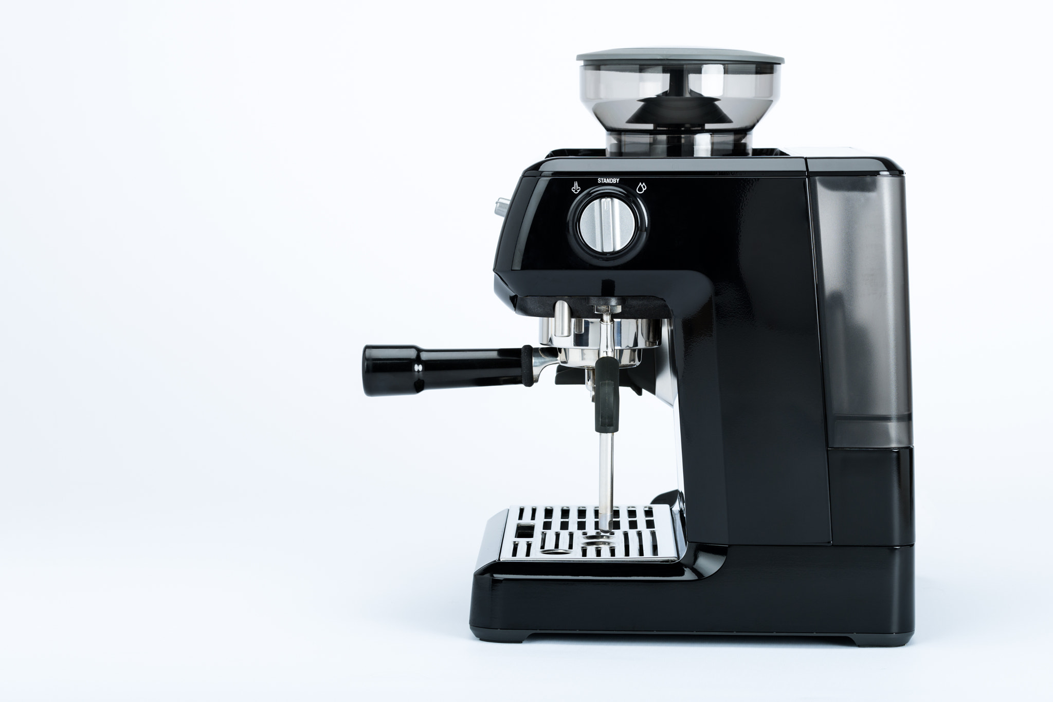 Nikon D810 sample photo. Isolated black manual coffee maker with grinder on a white background, side view photography
