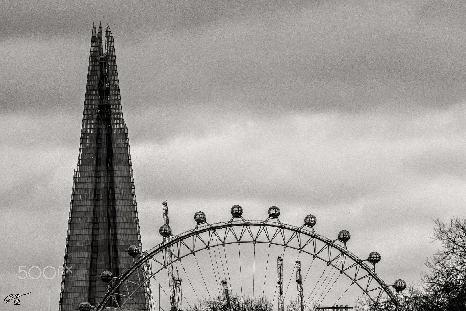 Canon EF 400mm F5.6L USM sample photo. Shard and wheel bw sep photography