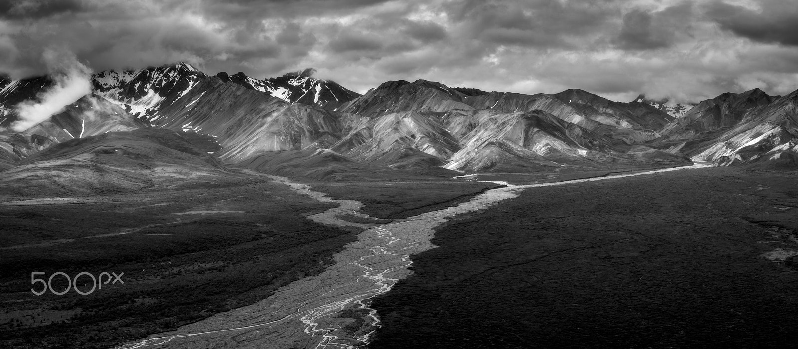 Nikon AF-S Nikkor 70-200mm F4G ED VR sample photo. Denali polychrome river delta y in monochrome photography