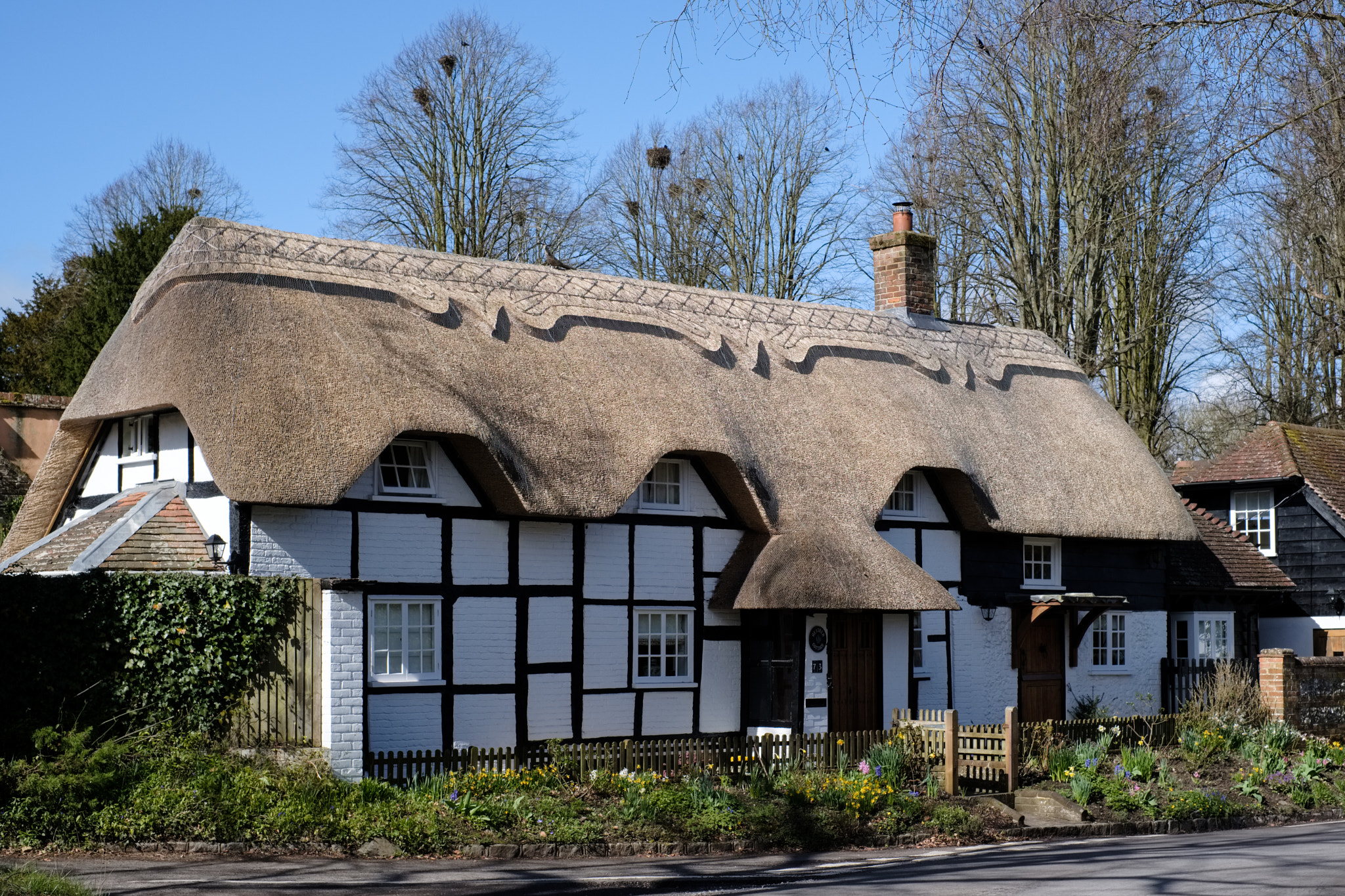 Fujifilm X-T2 + Fujifilm XF 35mm F1.4 R sample photo. View of a thatched cottage in micheldever hampshire photography