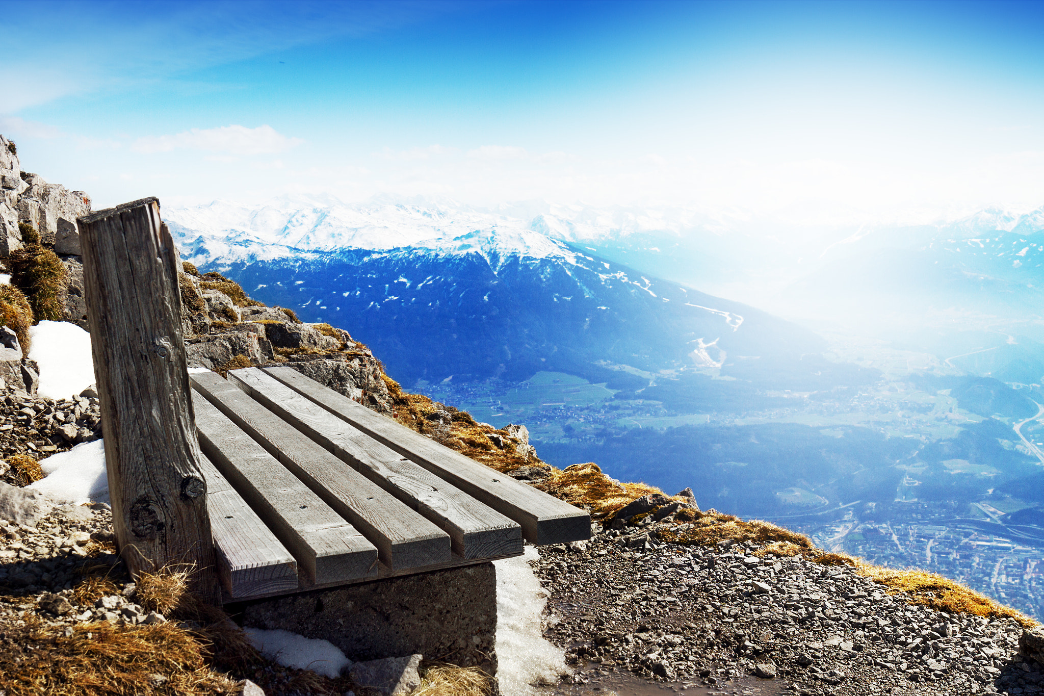 Canon EF 24-70mm F4L IS USM sample photo. Travel or vacation concept. wooden bench behind beautiful mounta photography