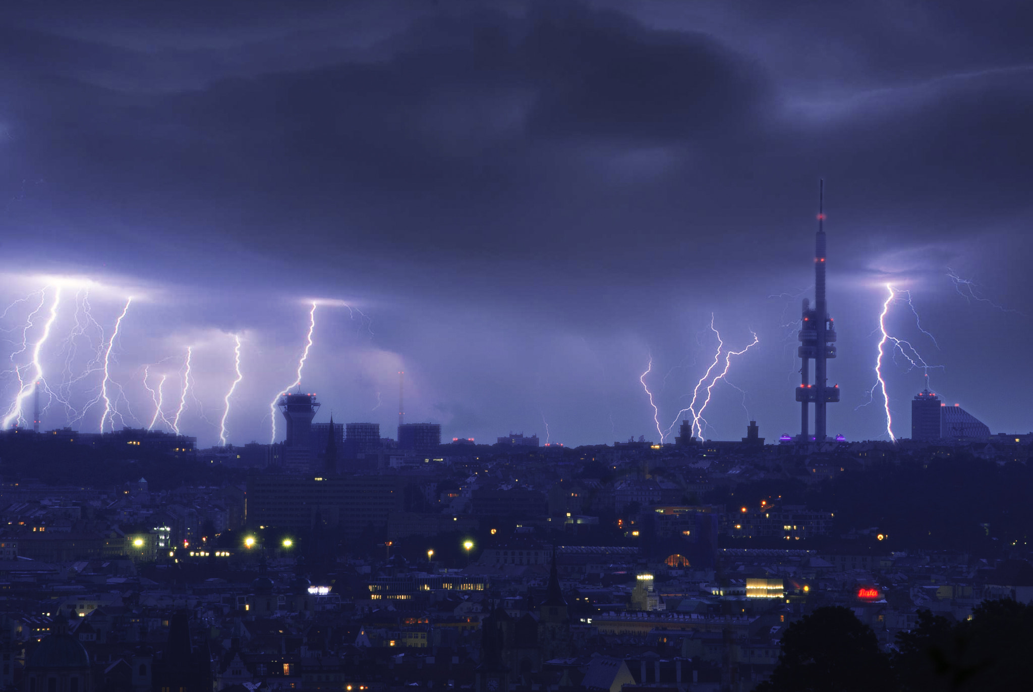 Nikon D3000 sample photo. Zizkov tower in thunders, prague photography