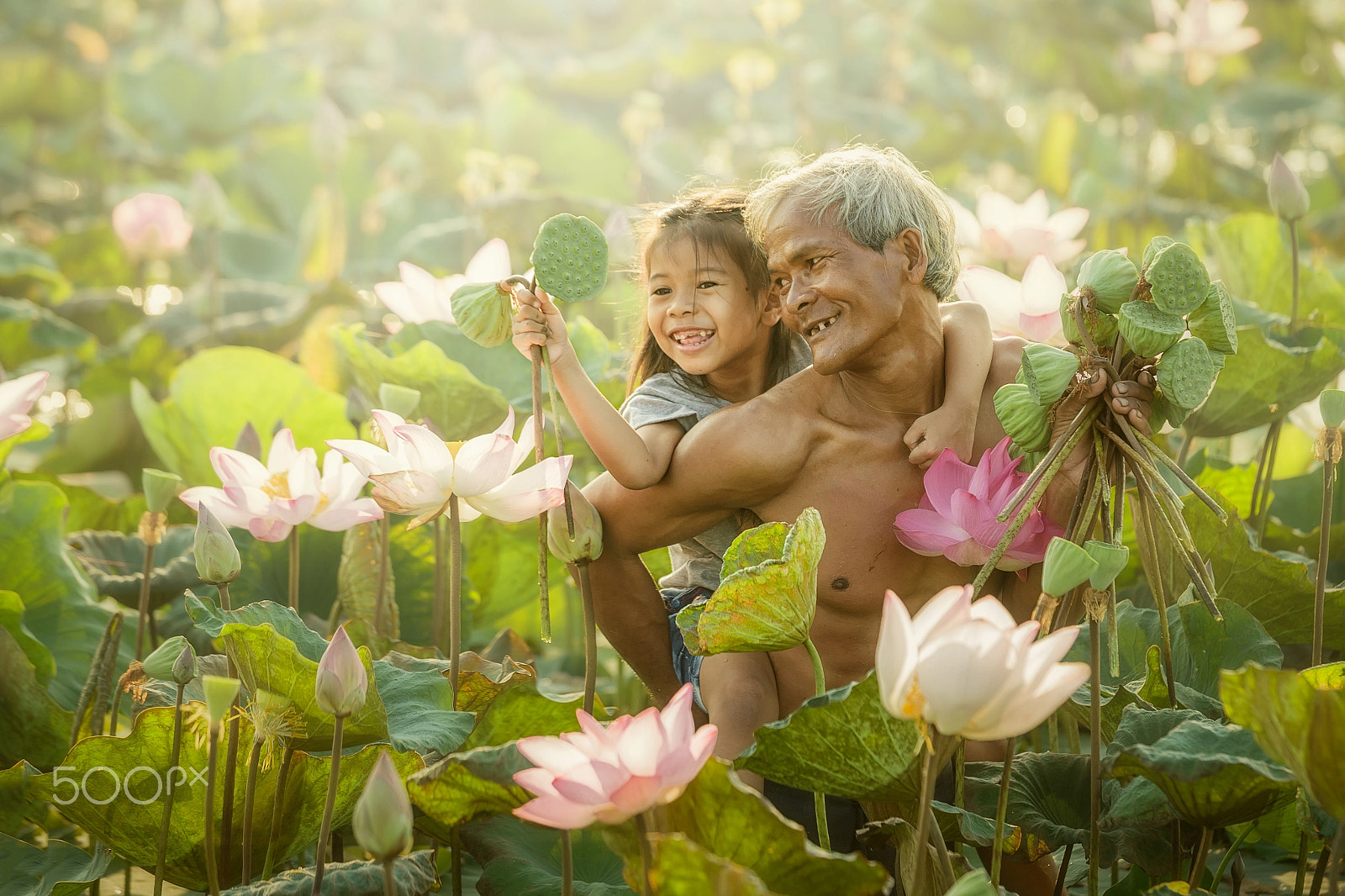Canon EOS 6D sample photo. Thai farmer and children grow lotus in the season. photography