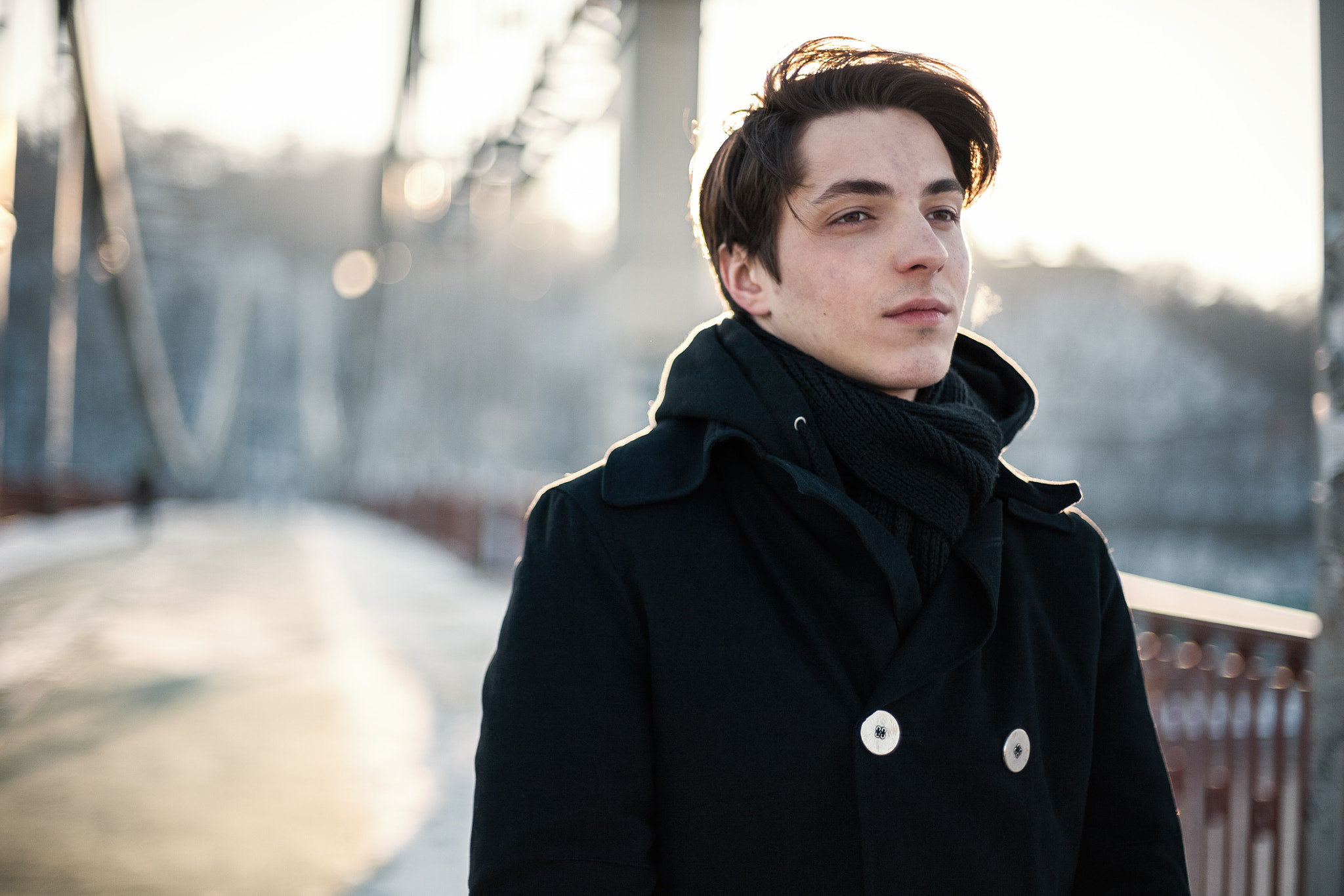 Canon EOS 5D + Canon EF 50mm F1.4 USM sample photo. Thoughtful hipster guy walking on the bridge photography