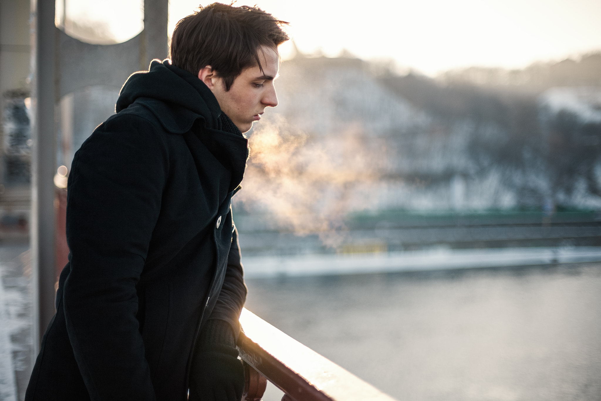 Canon EOS 5D + Canon EF 50mm F1.4 USM sample photo. Thoughtful hipster guy standing on the bridge looking on the riv photography