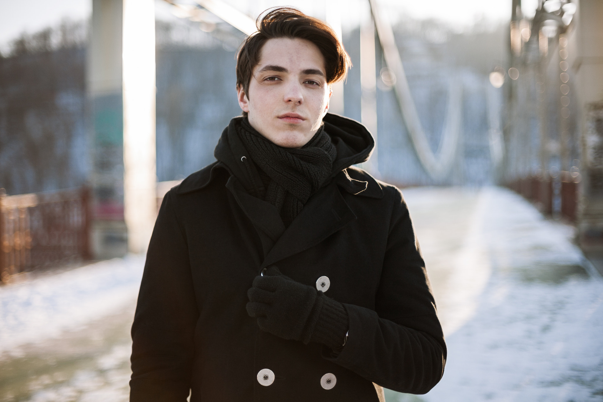 Canon EOS 5D + Canon EF 50mm F1.4 USM sample photo. Portrait of a handsome hipster guy standing on the bridge photography