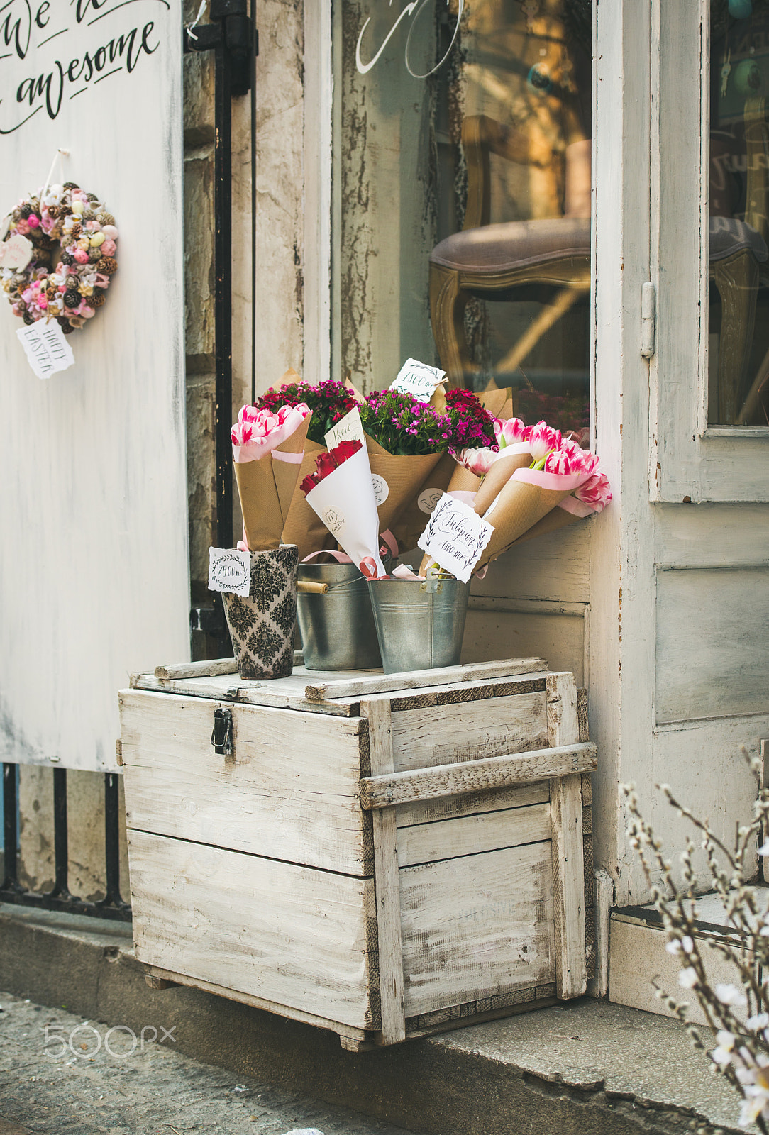 Nikon AF-S Nikkor 70-200mm F2.8G ED VR II sample photo. Budapest, hungary- march 23, 2017: entrance to small flower shop photography