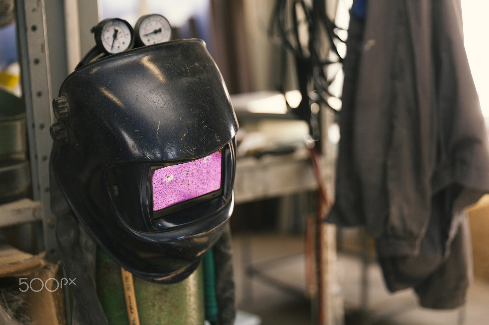 Canon EOS 5D Mark II sample photo. Welding mask in workshop photography