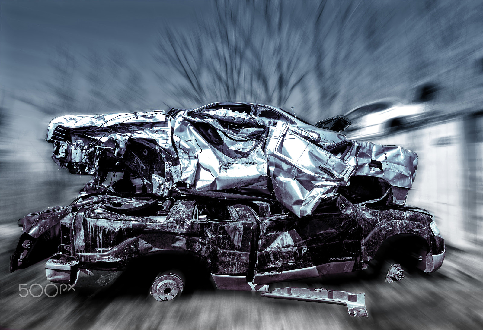 Nikon D800 + Nikon AF-S Nikkor 20mm F1.8G ED sample photo. Car wreck radial motion blur b&w w gradient x photography