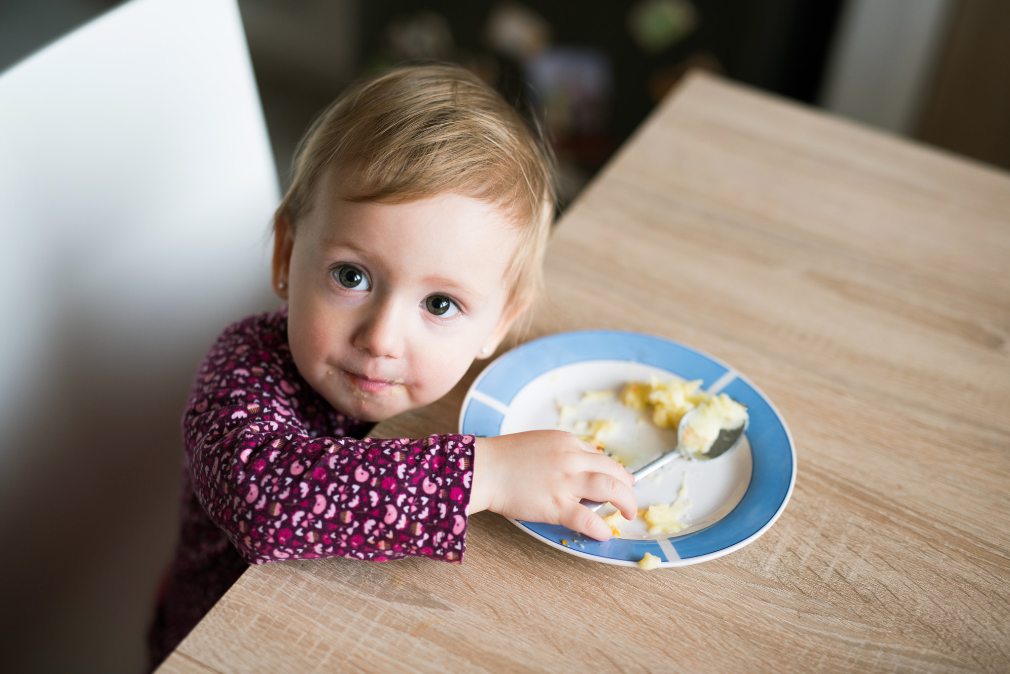 Nikon D800 sample photo. Cute little girl sitting at the table eating mashed potatoes photography
