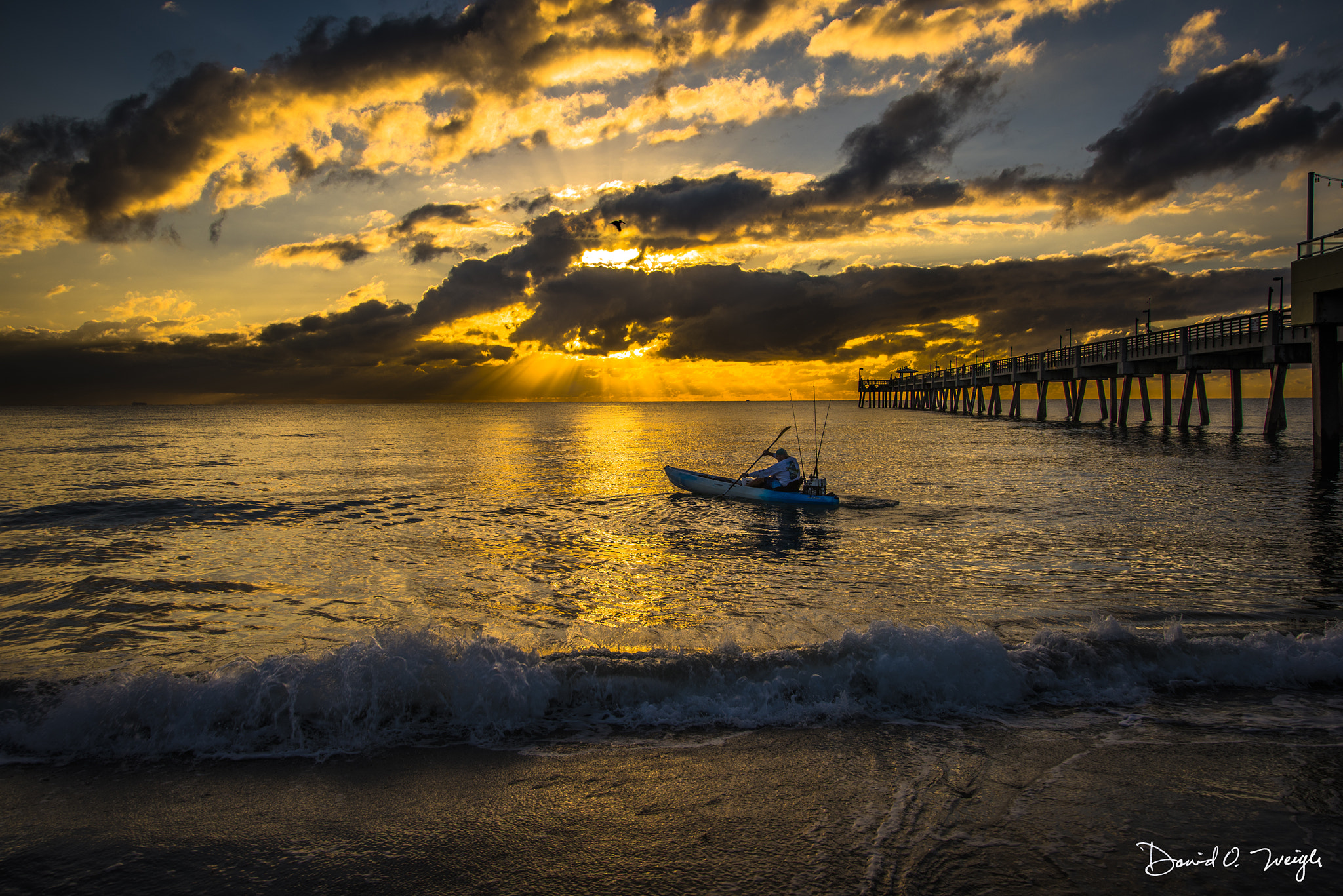 Nikon D810 + Nikon AF-S Nikkor 24-85mm F3.5-4.5G ED VR sample photo. Sun up at dania beach. a guy with three fishing po ... photography