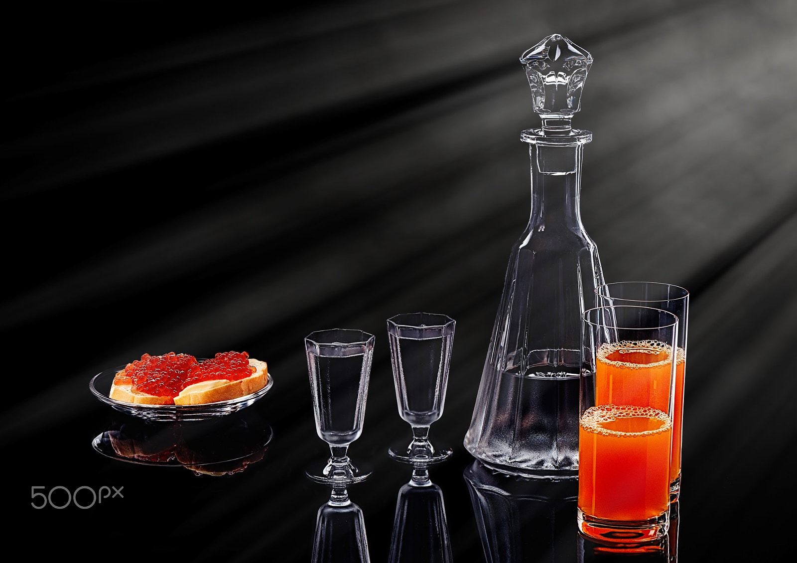 Nikon D800 sample photo. Decanter and two shot glasses with ice vodka, two salmon red caviar sandwiches on a glass plate... photography