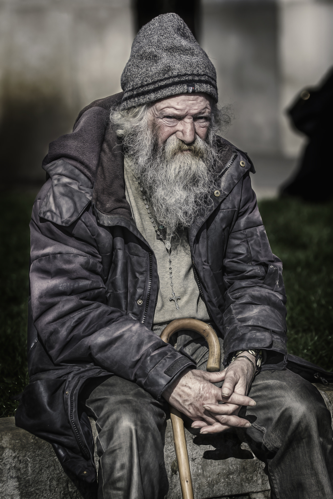 Sigma 50-100mm F1.8 DC HSM Art sample photo. Homeless in london with a cane photography