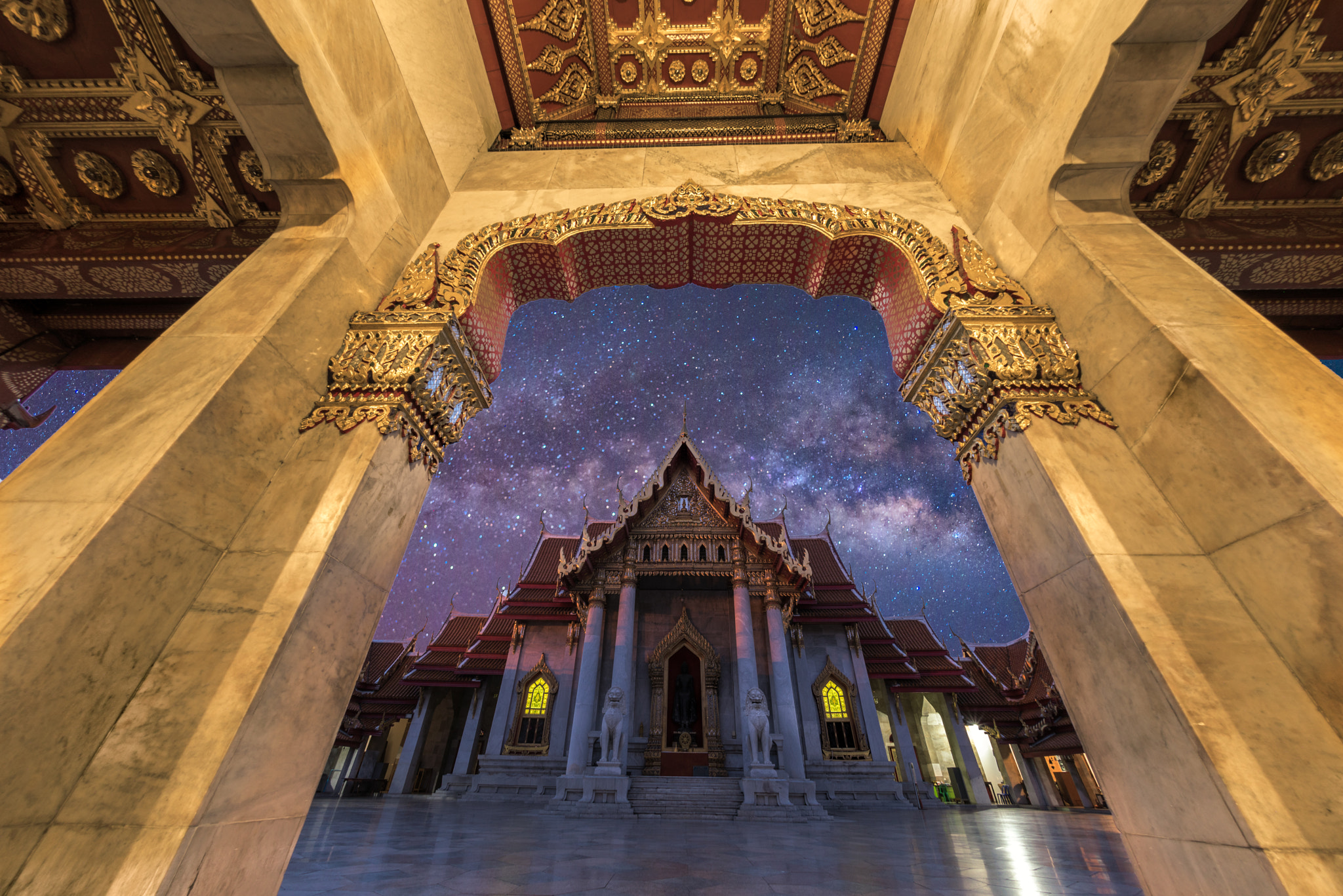Nikon AF Fisheye-Nikkor 16mm F2.8D sample photo. Milky way and marble temple of bangkok, thailand,wat benchamabophit in thailand photography