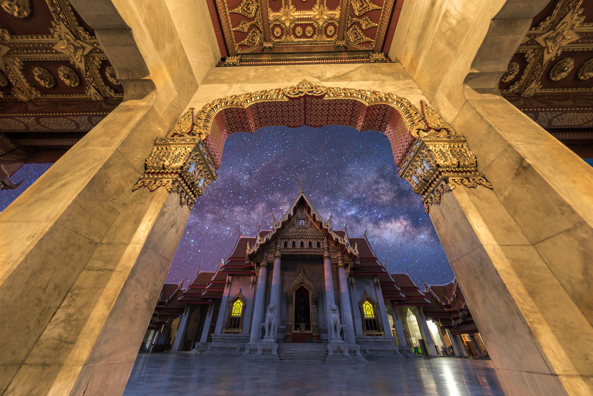 Nikon D750 + Nikon AF Fisheye-Nikkor 16mm F2.8D sample photo. Milky way and marble temple of bangkok, thailand,wat benchamabophit in thailand photography