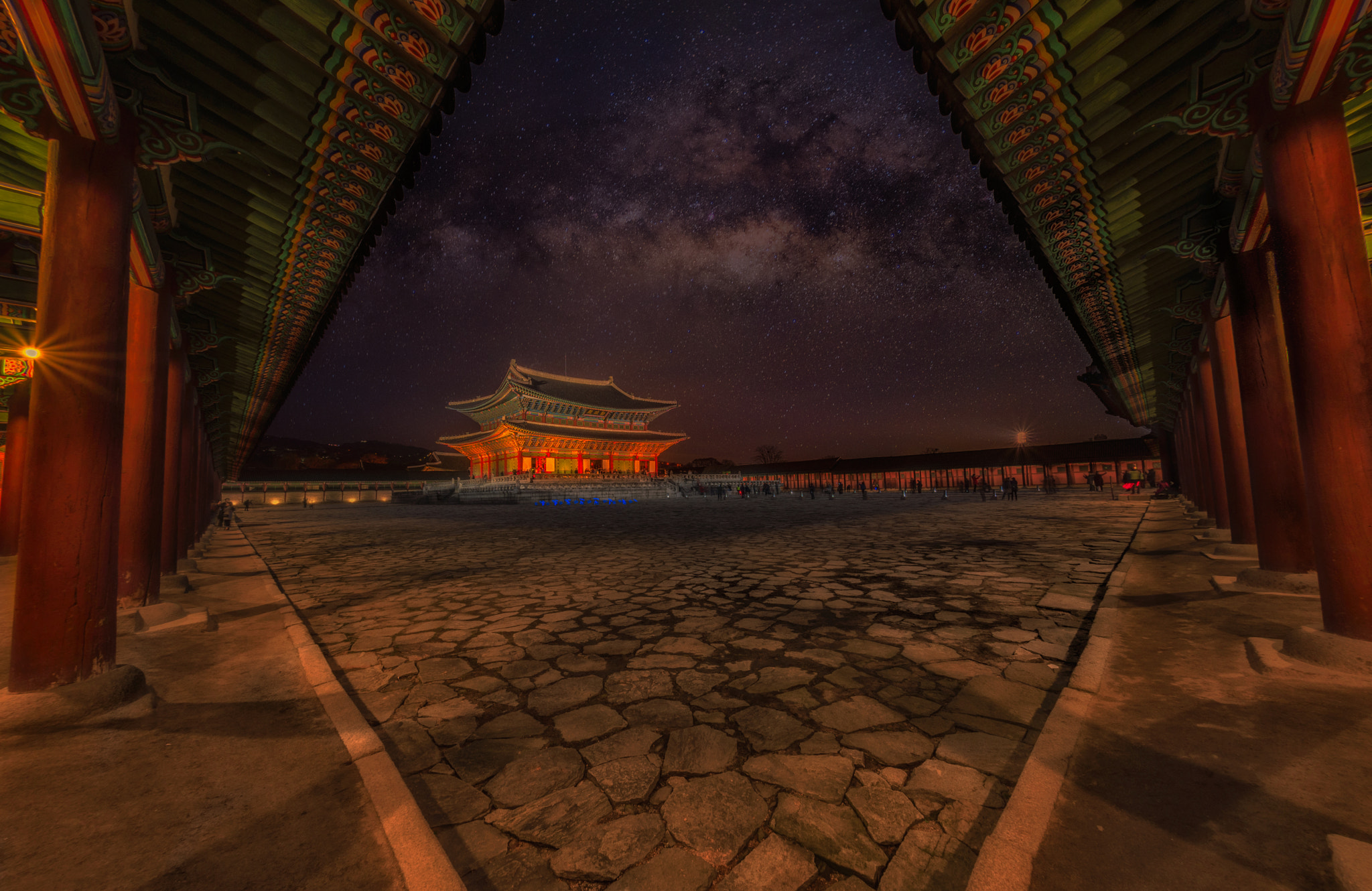 Nikon AF Fisheye-Nikkor 16mm F2.8D sample photo. Gyeongbokgung palace at night in south korea, with the name of the palace 'gyeongbokgung' on a... photography