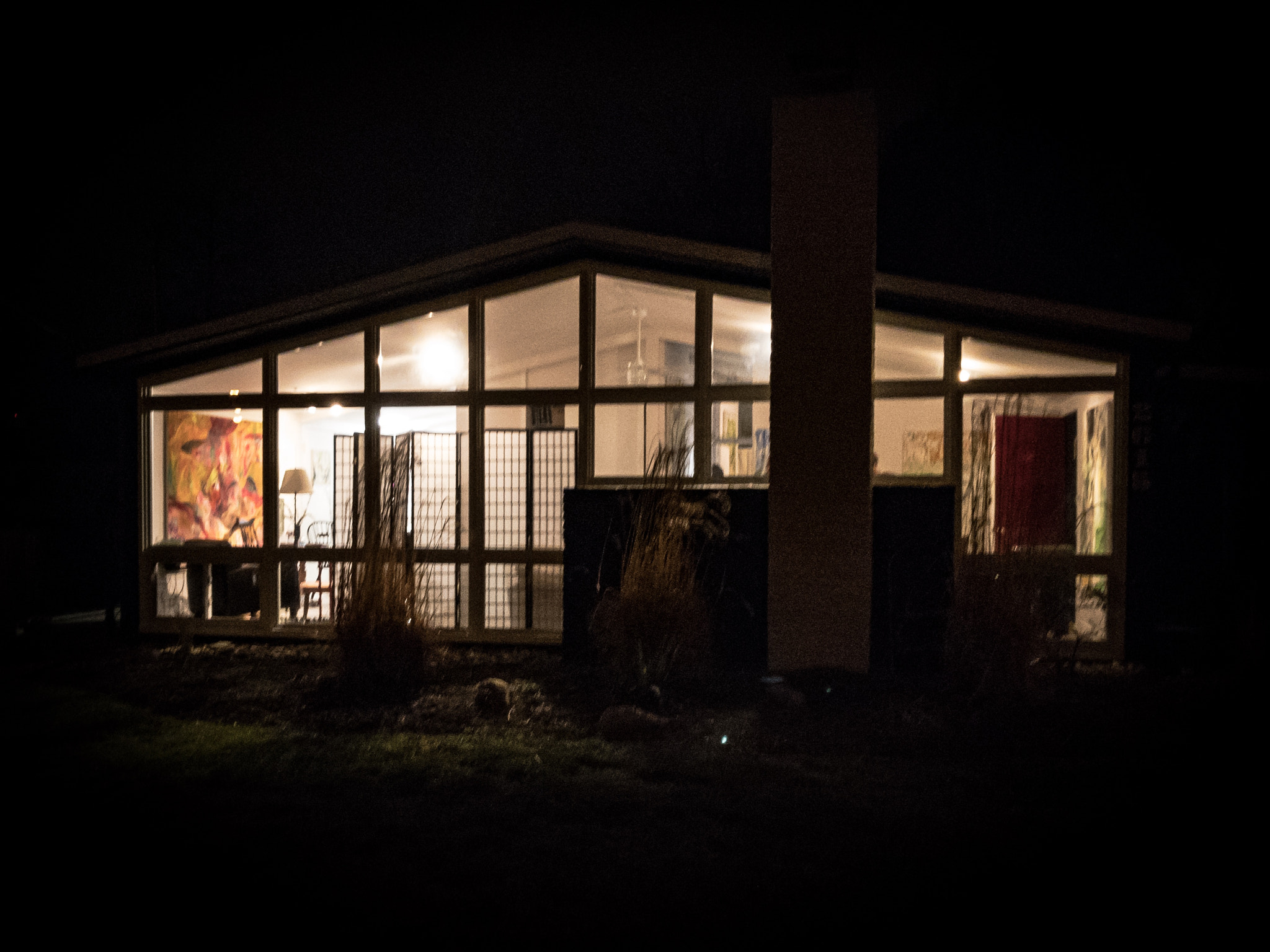 Apple iPhone 7 Plus + iPhone 7 Plus back camera 3.99mm f/1.8 sample photo. Mid century modern house at night photography