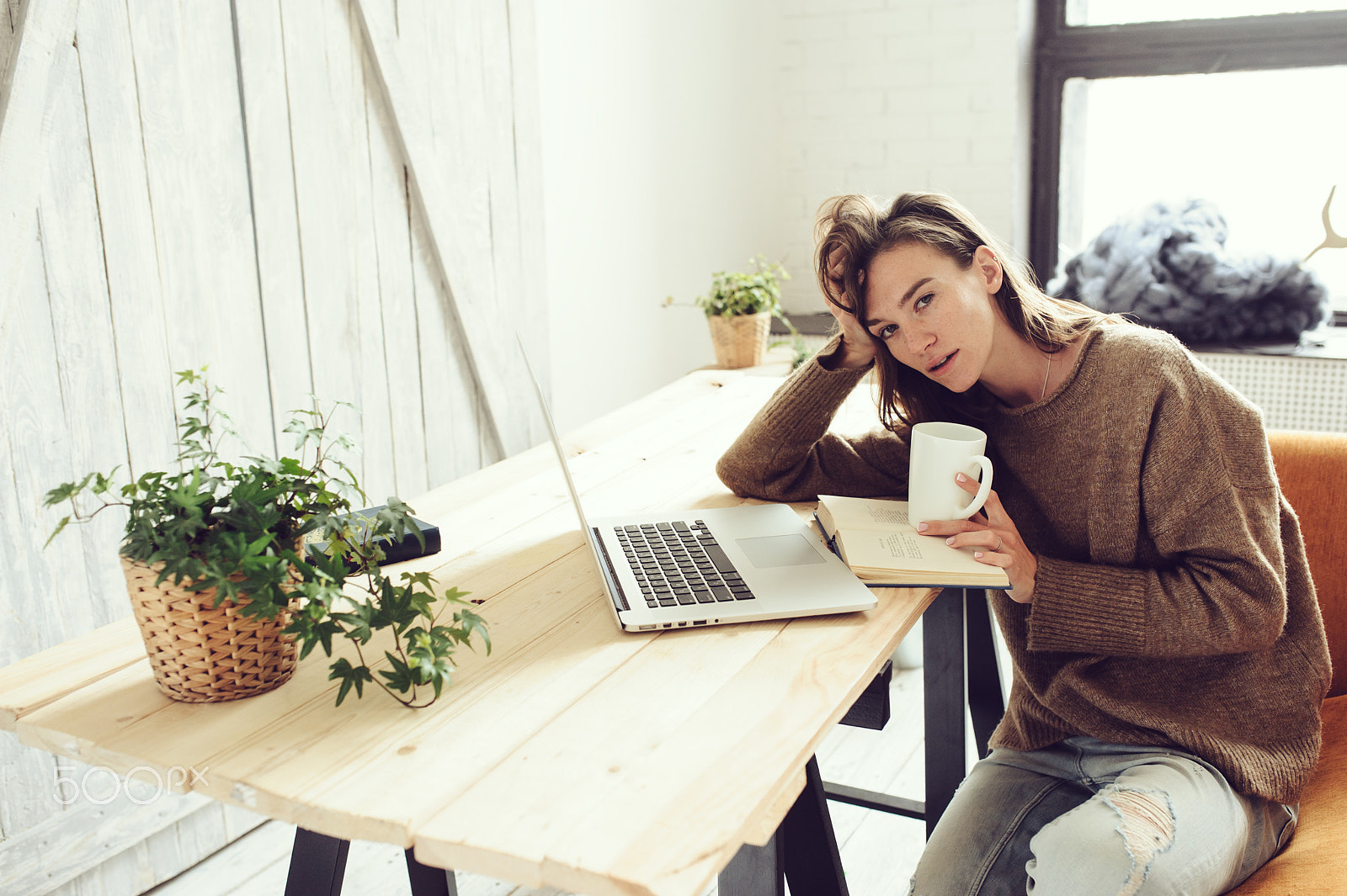Nikon D700 + Sigma 35mm F1.4 DG HSM Art sample photo. Young tired student woman study online at home with laptop in the morning with cup of coffee. photography