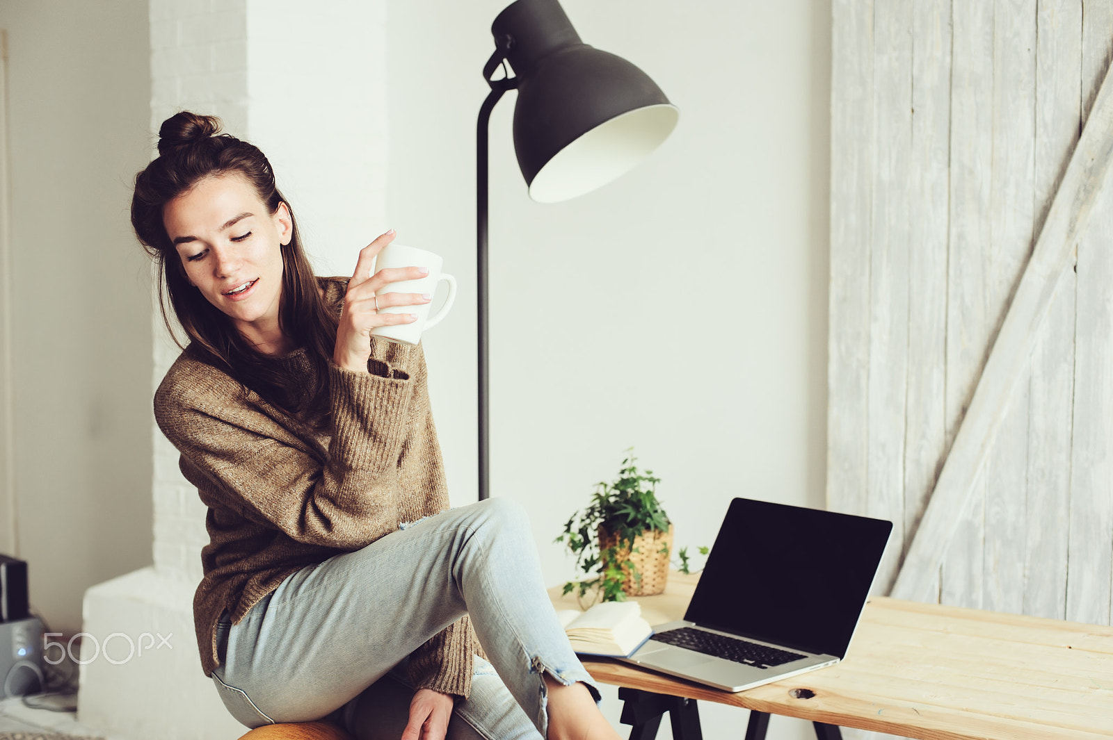 Nikon D700 sample photo. Young beautiful woman shopping at home online with laptop and cup of coffee in the morning. home... photography