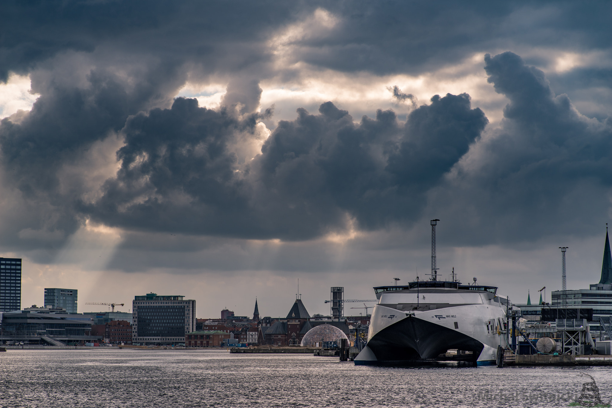 Pentax K-1 sample photo. Harbour in aarhus with fast ferry being loaded photography