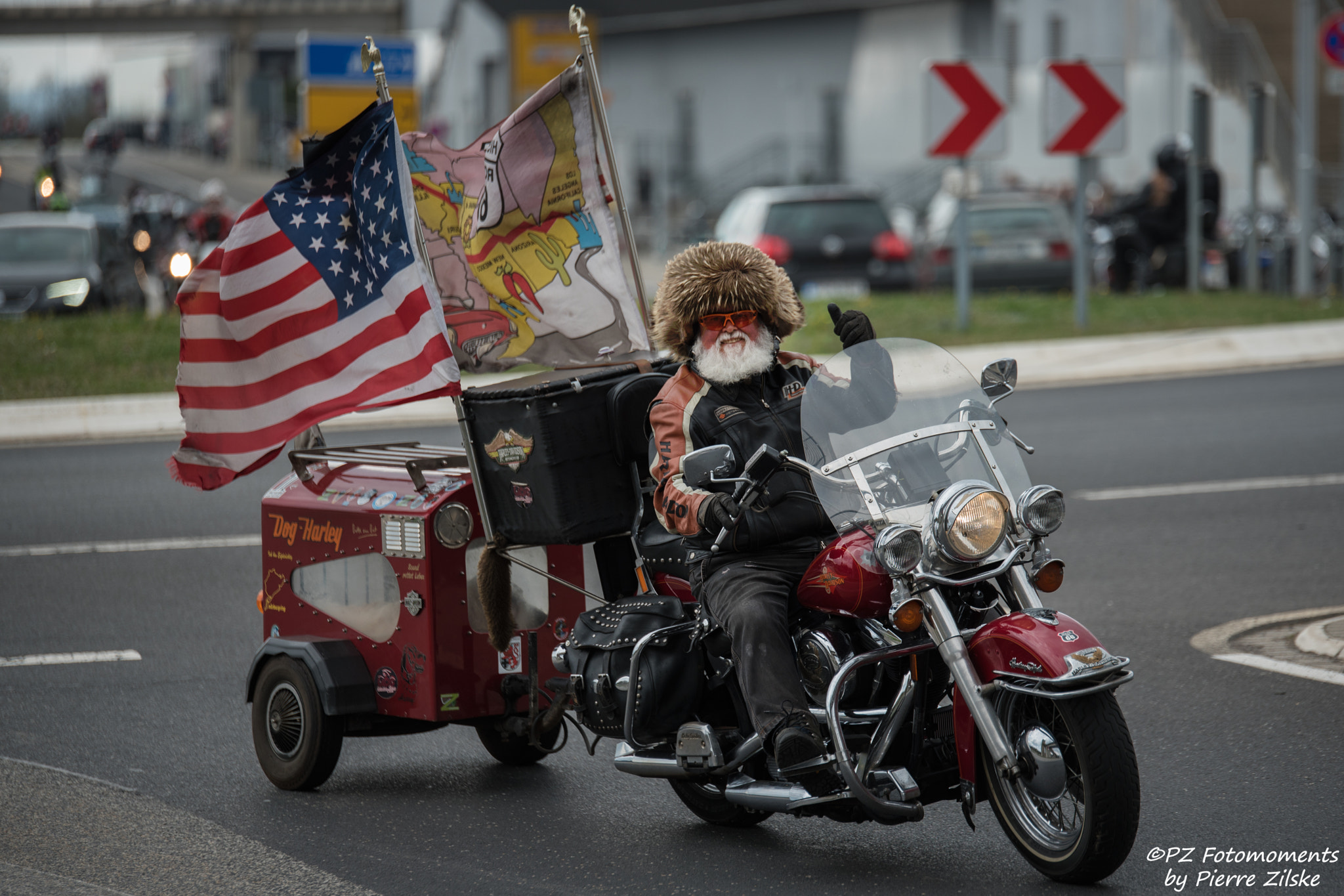 Nikon D750 sample photo. Harley man with dog in his motorcycle trailer photography
