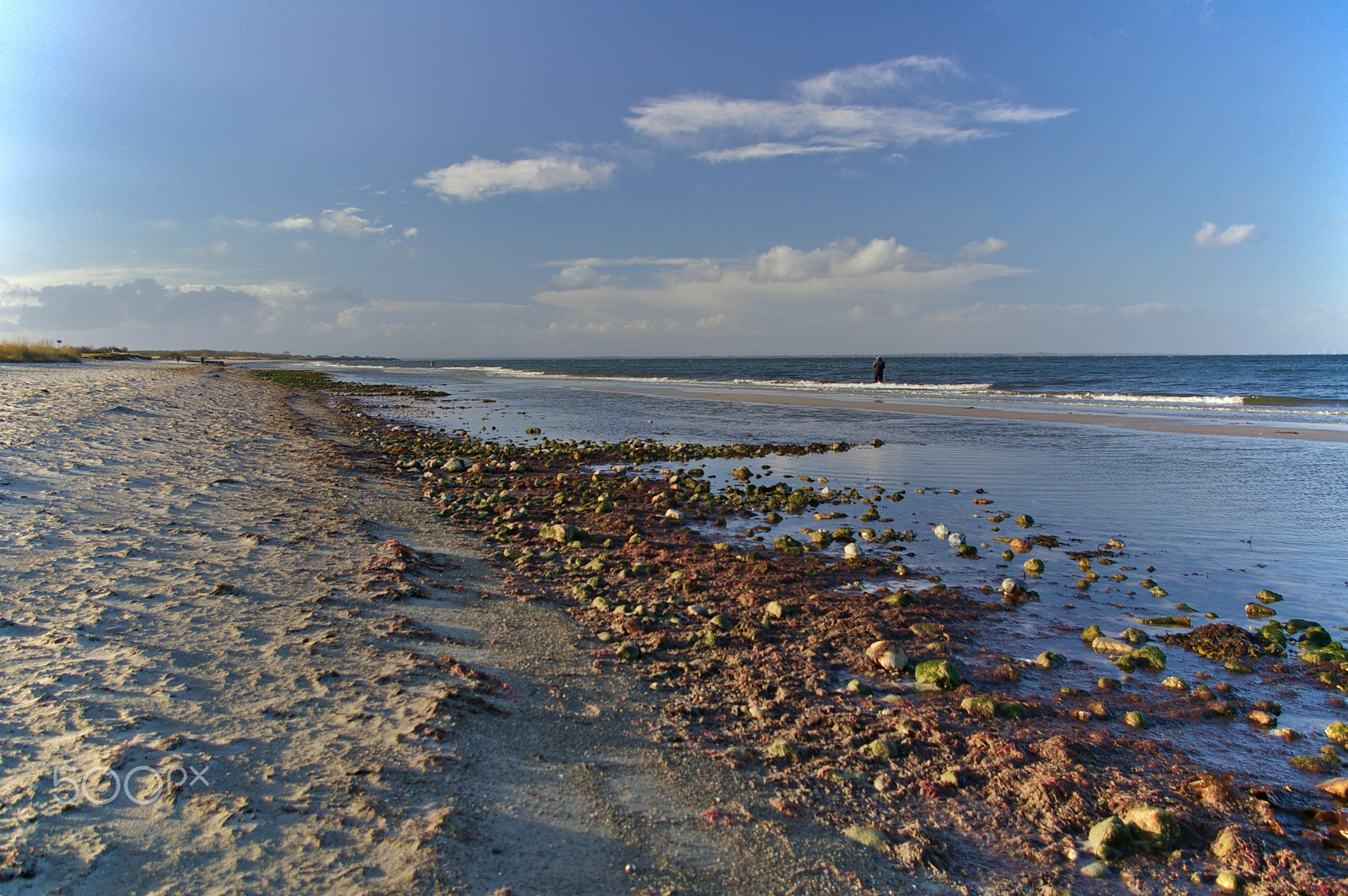 Pentax K100D + Pentax smc DA 18-55mm F3.5-5.6 AL sample photo. Beach at sunset with fisherman in the surf photography