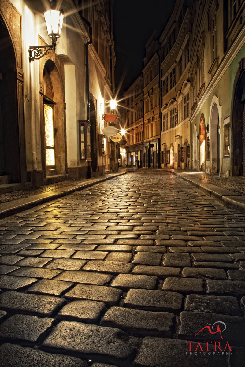 Canon EOS 5D + Canon EF 24-105mm F4L IS USM sample photo. Narrow alley with lanterns in prague at night photography