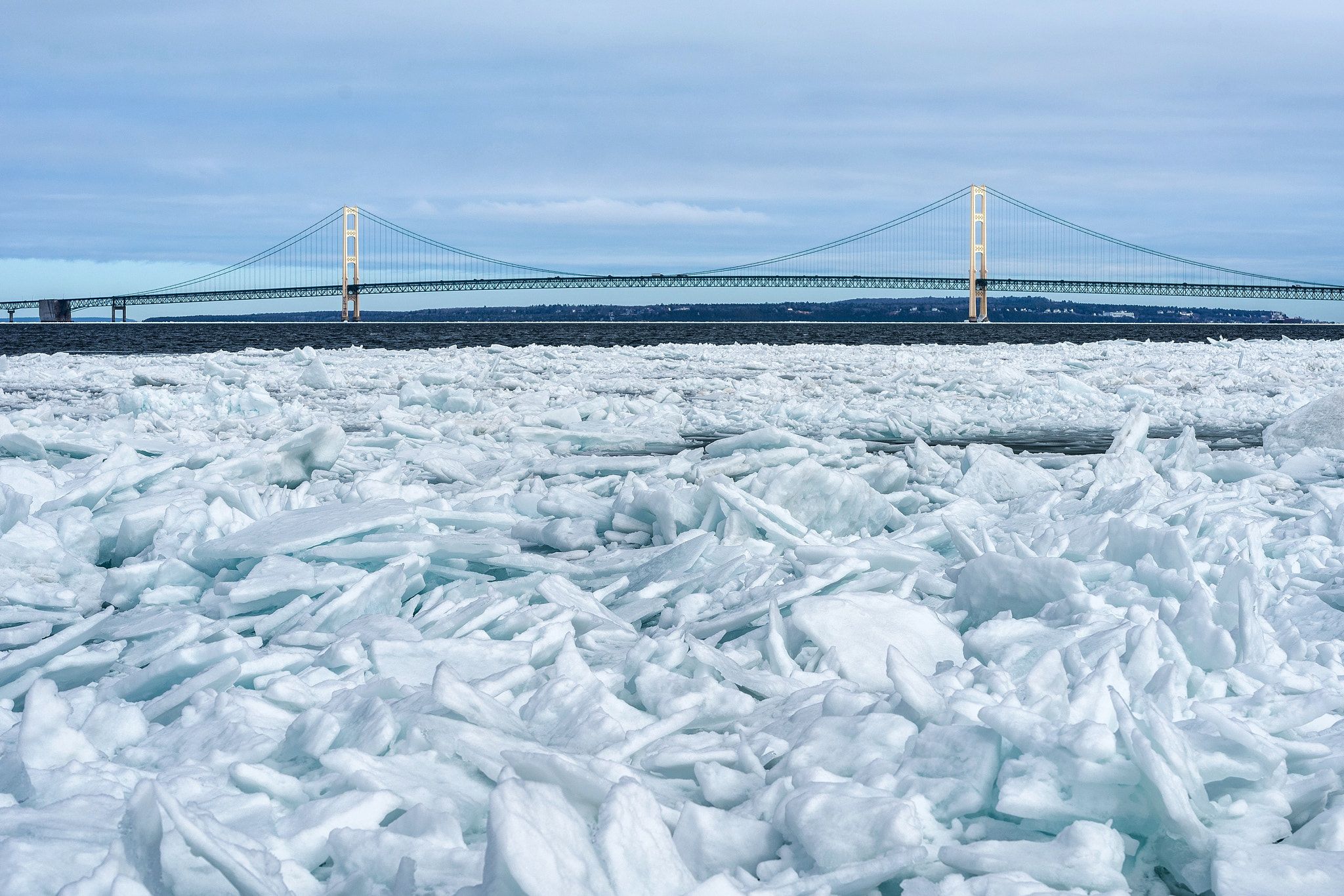 Nikon AF-S Nikkor 70-200mm F2.8G ED VR II sample photo. Ice chunks mix up with the mackinac bridge. photography