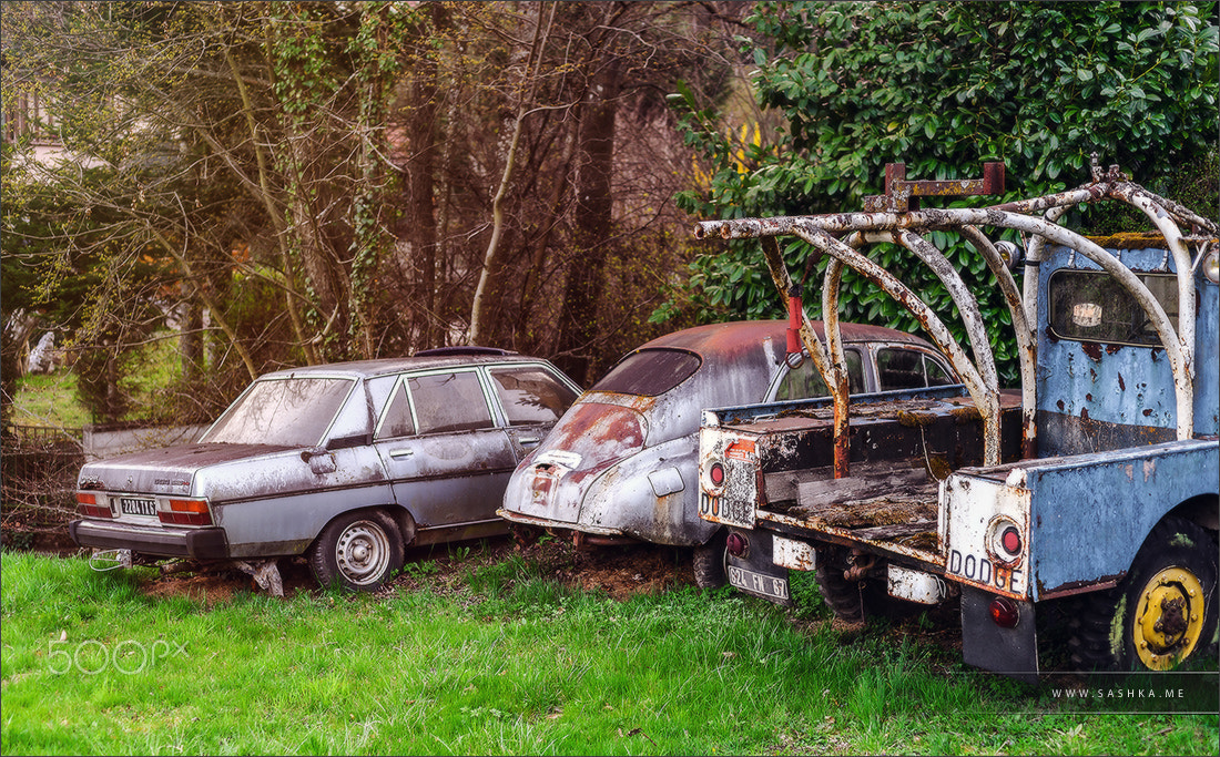 Sony a99 II sample photo. Abandoned old rusty body and parts of retro car photography