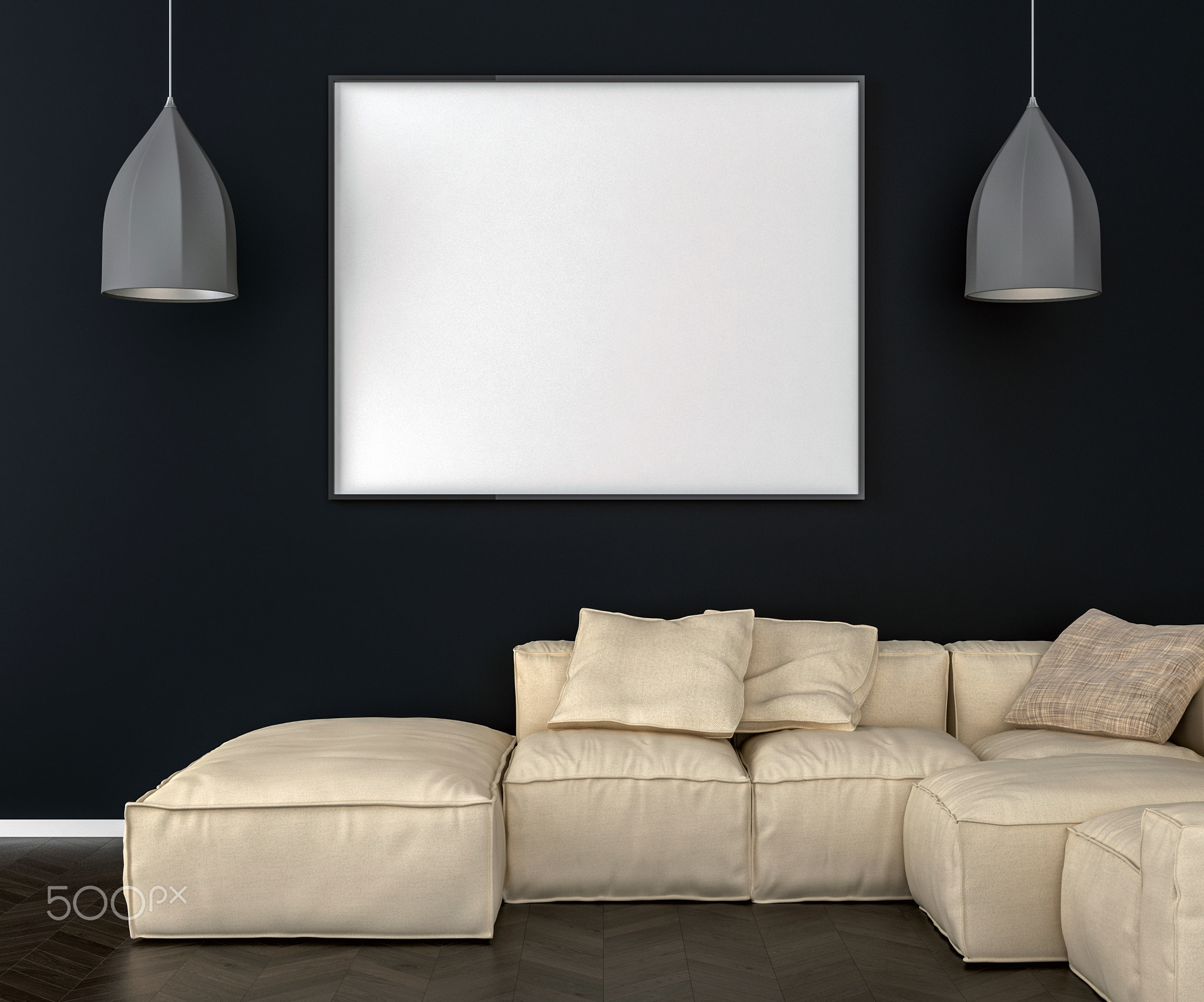 Dark interior background, blank picture frame mock