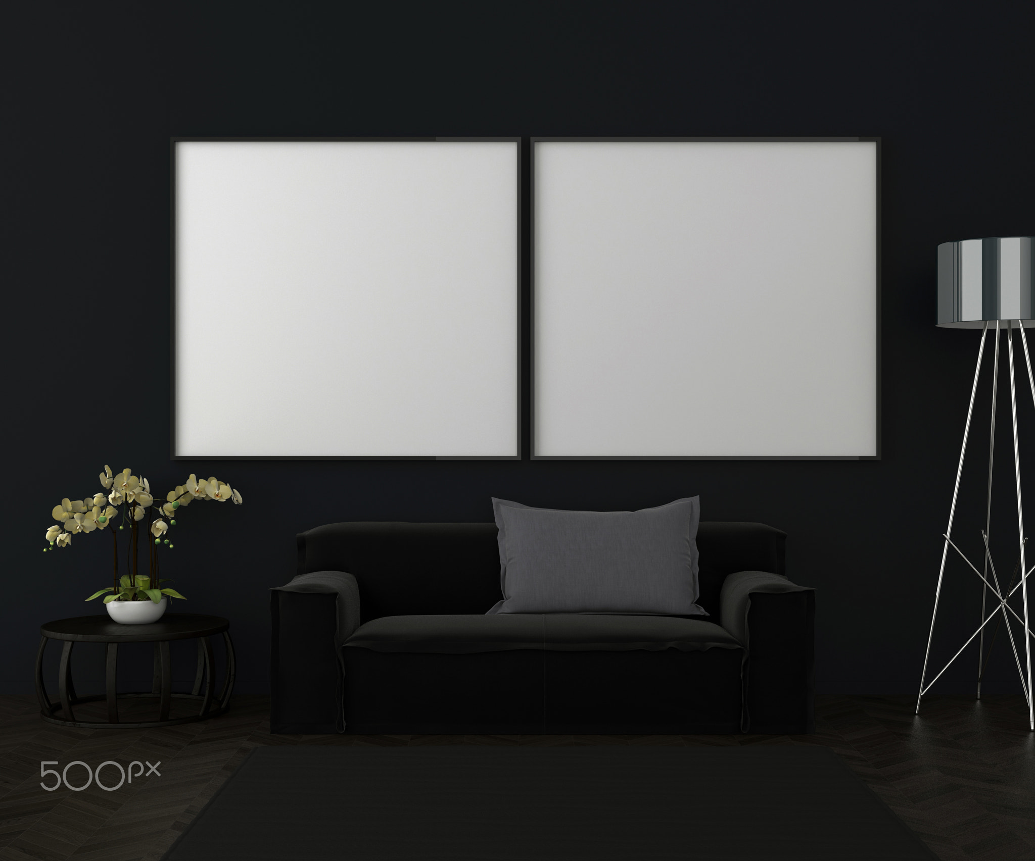 Dark interior background, blank picture frame mock