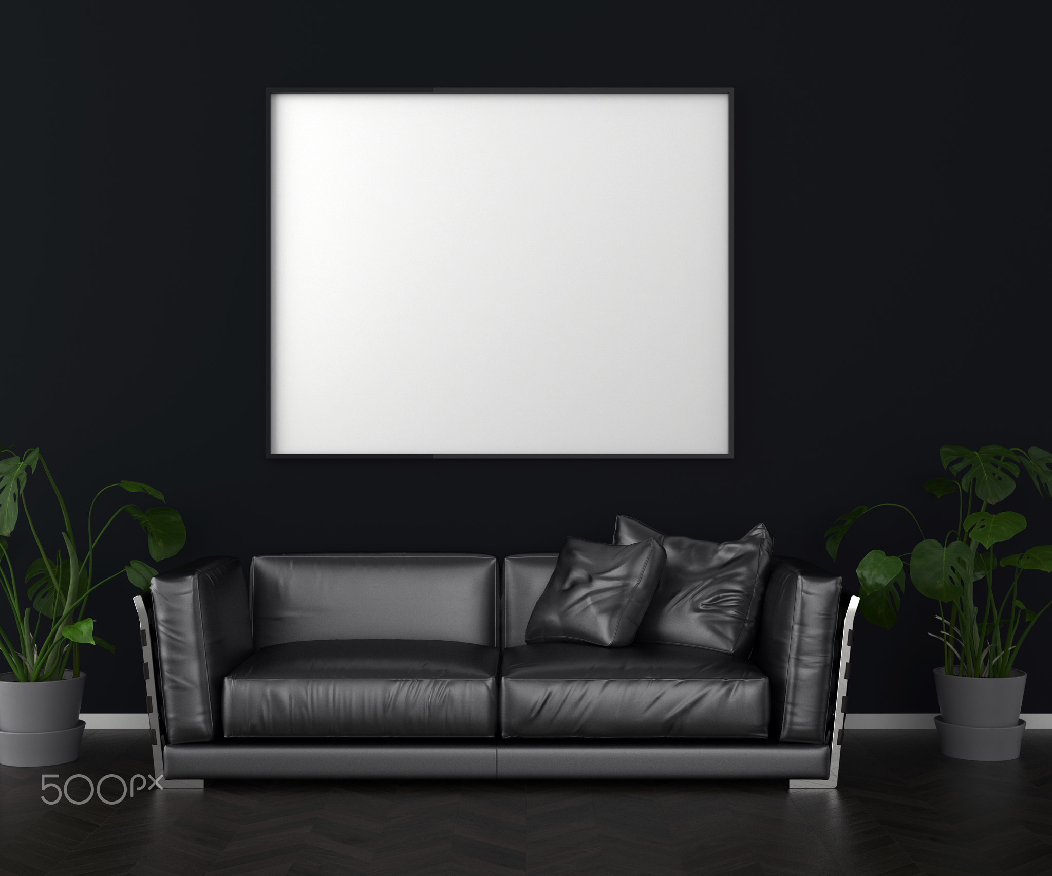Dark interior background, blank picture frame mock