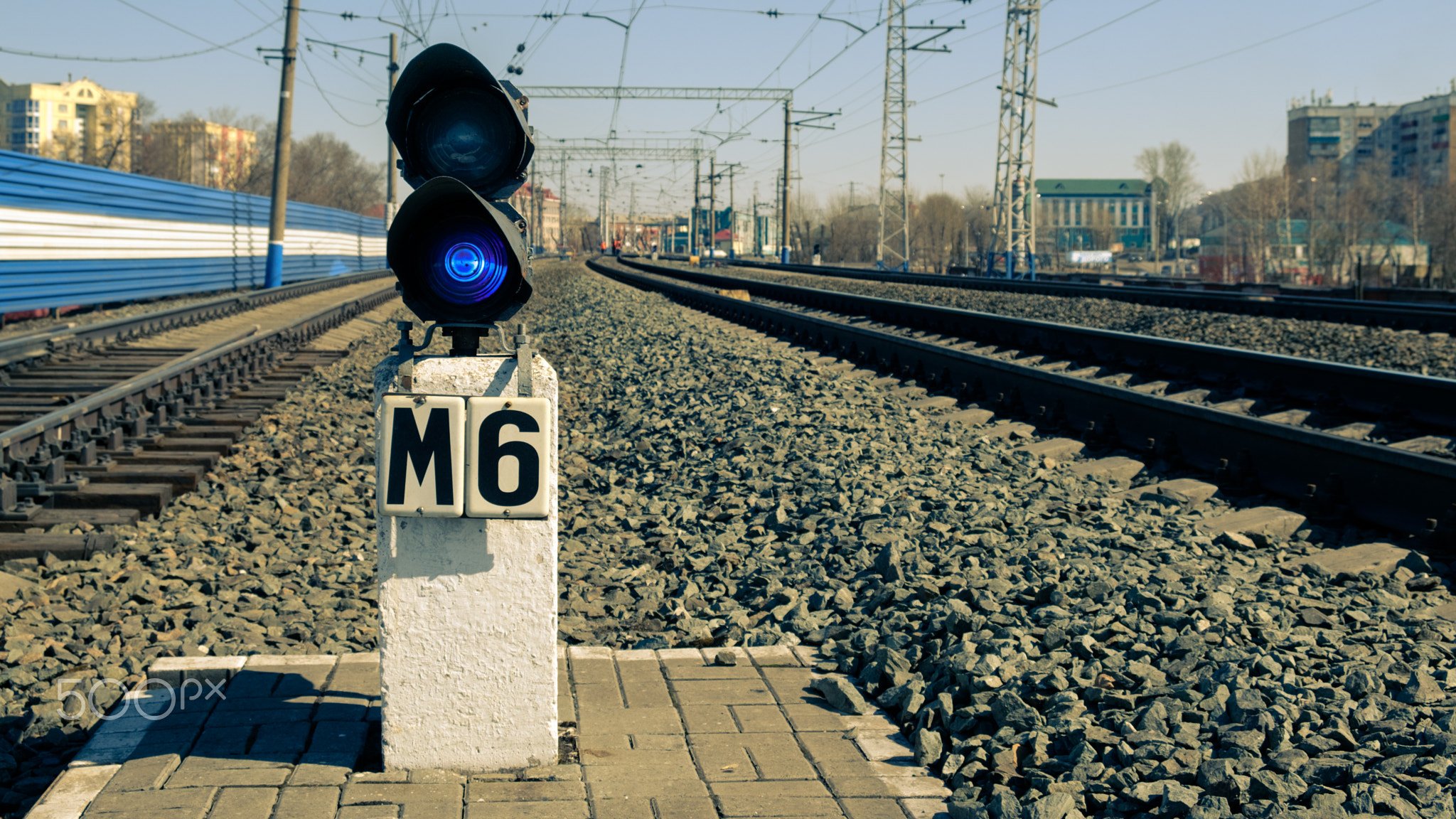 railway traffic light to blue light