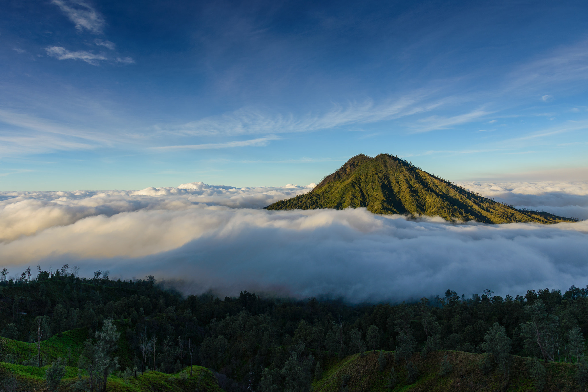 Nikon D600 + Nikon AF-S Nikkor 24-120mm F4G ED VR sample photo. Sea of cloud, peak and tropical forest from the kawah ijen volca photography