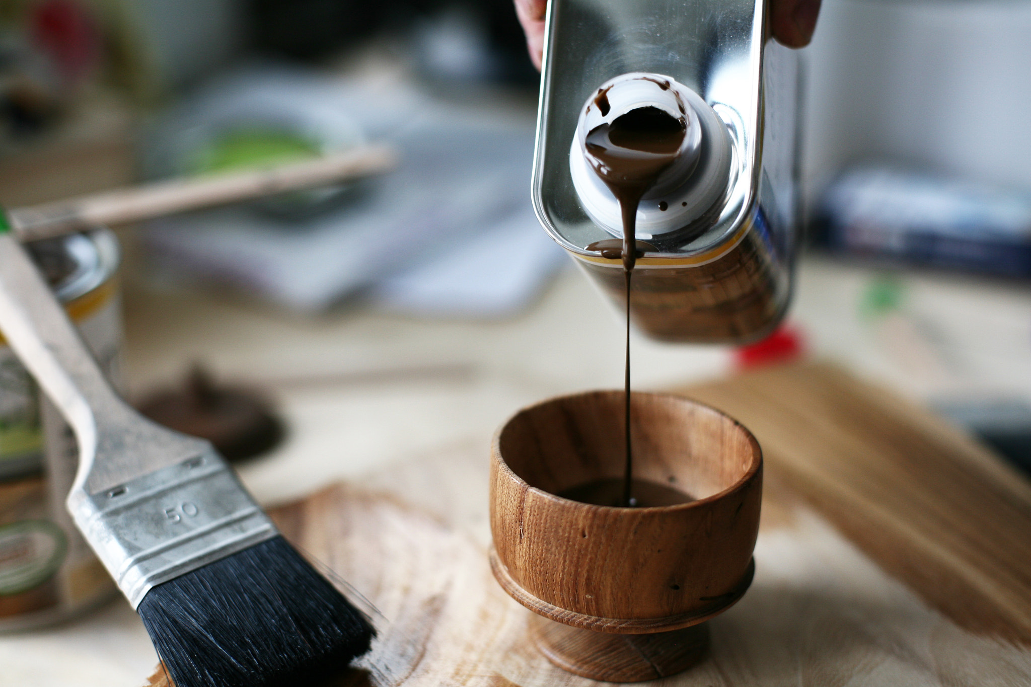Canon EOS 5D + Canon EF 50mm F1.4 USM sample photo. Oiling wood in woodworking workshop. photography