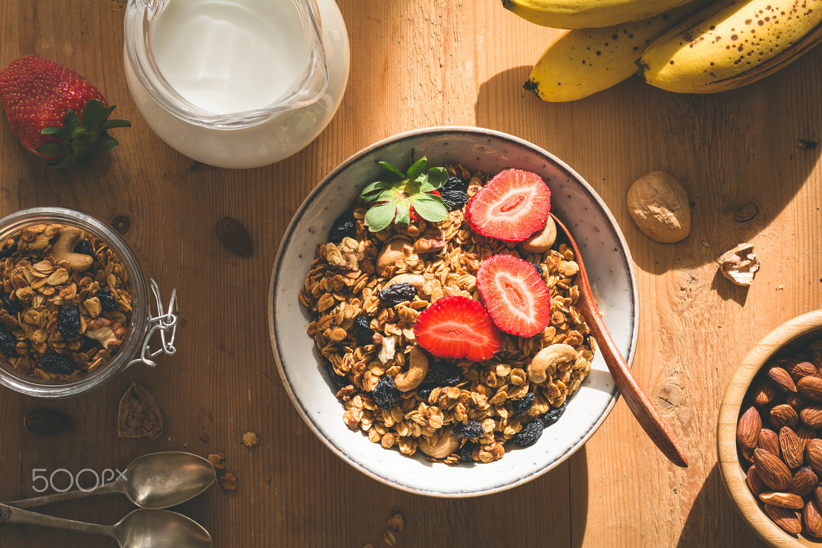 Nikon D7100 + Nikon AF-S Nikkor 50mm F1.4G sample photo. Healthy breakfast with granola, milk and fruits photography