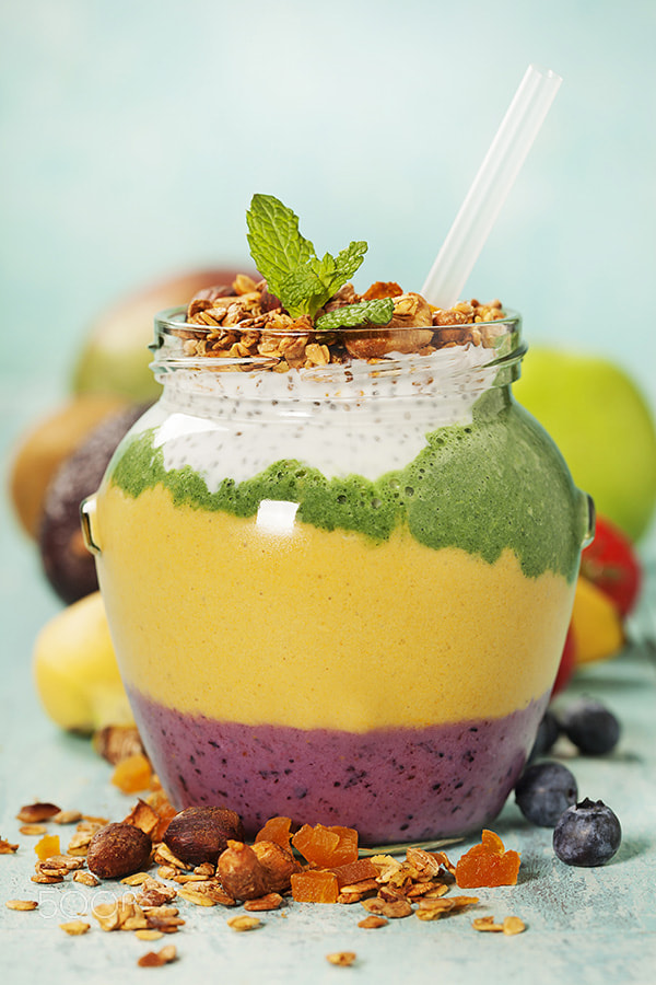 Canon EOS 5D Mark II sample photo. Freshly blended fruit smoothie in glass jar with straw photography