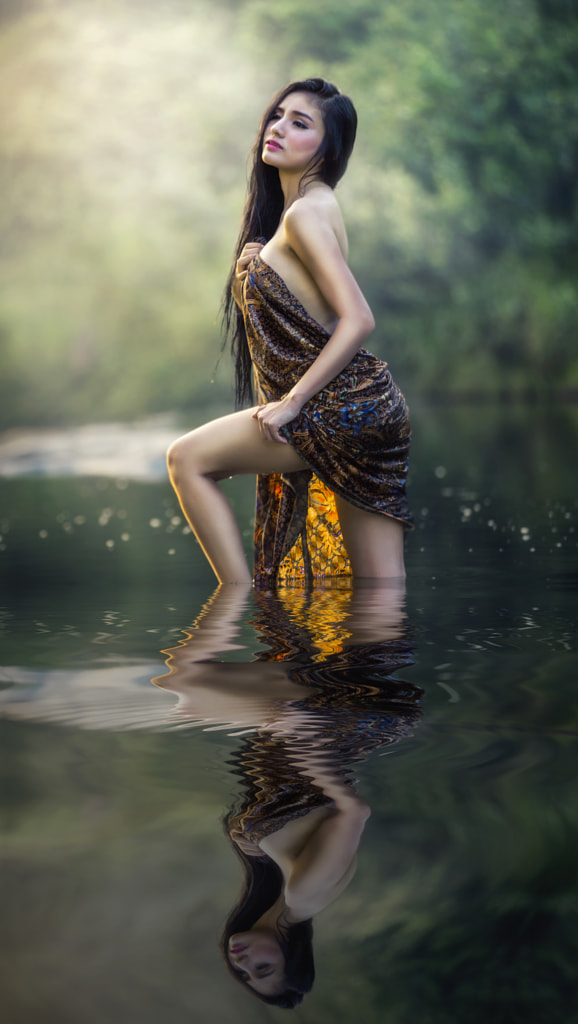 Beautiful Slim Fitness Model Posing Sexy In Creeks Wearing Sarong At Summer Time By Sasin