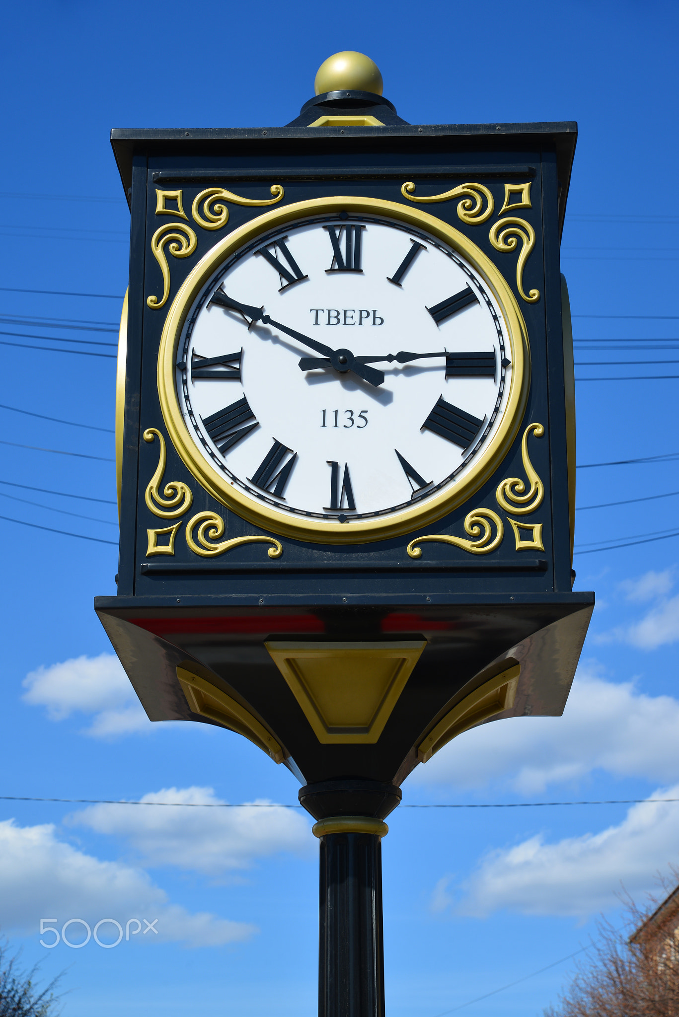 Clock on Trehsvyatskaya street with the indication of the year of foundation of city of Tver, Russia
