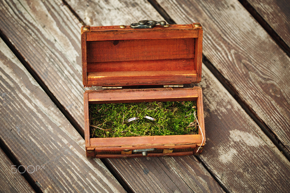 Wedding rings in wooden vintage box on moss