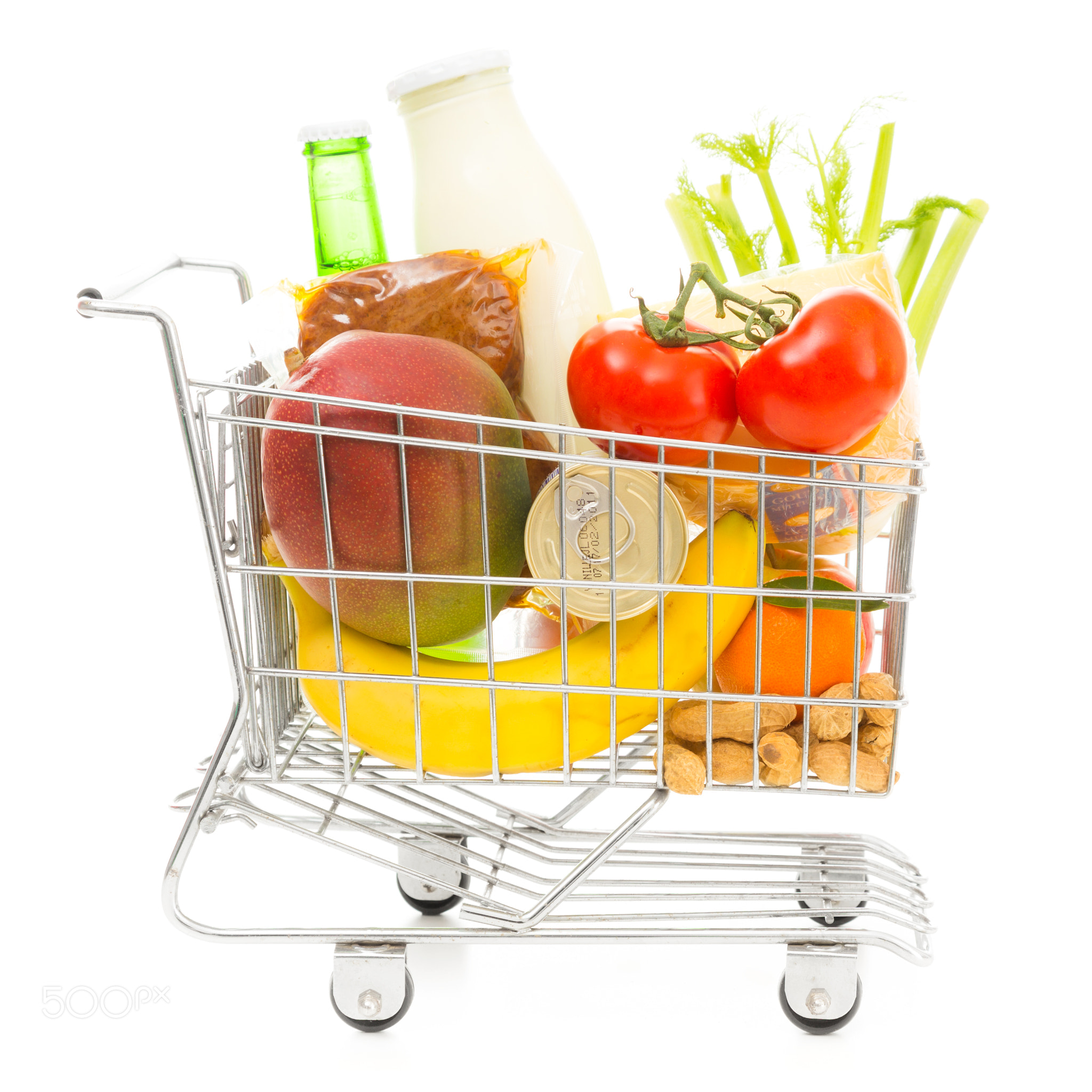 Shopping Cart With Groceries, Side View