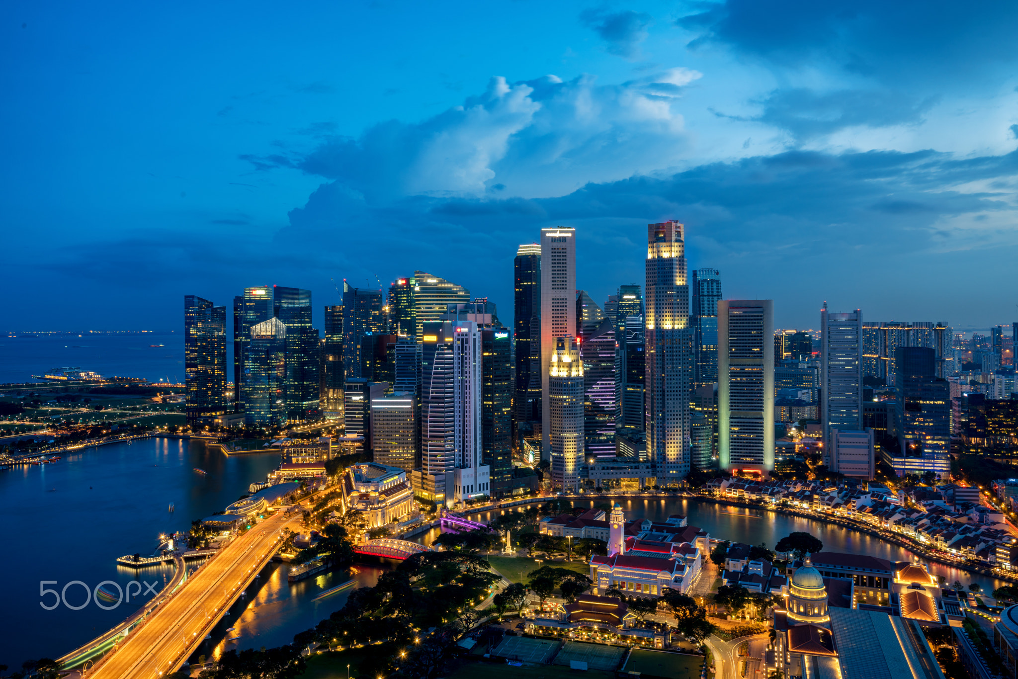 Singapore business district skyline in night at Marina Bay, Sing