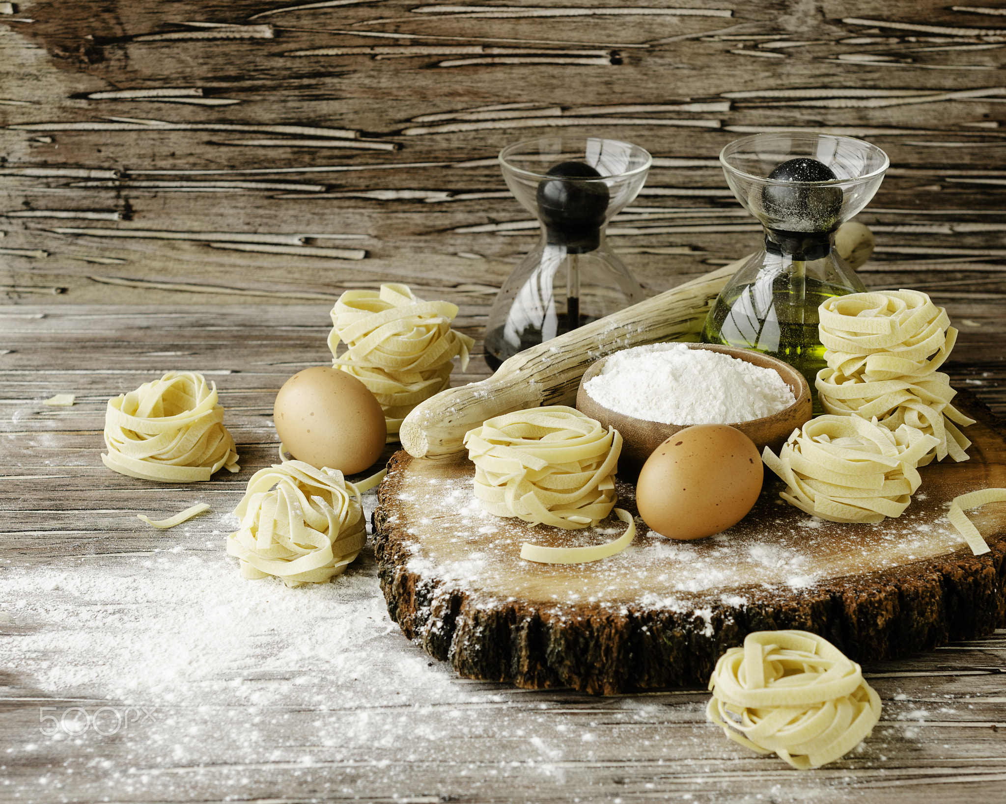 A set of products for cooking pasta with wheat flour, a selective focus