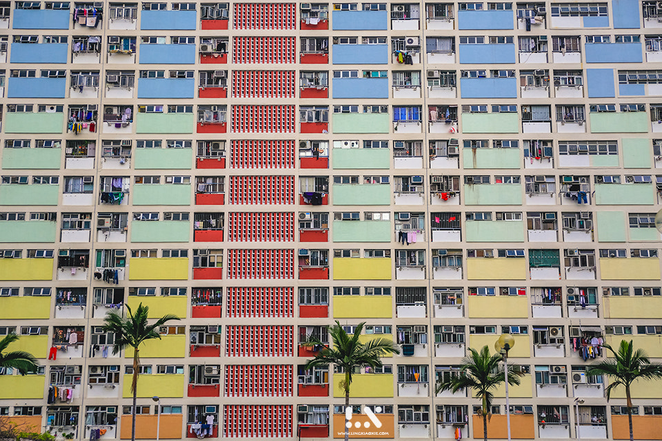 Colorful facade of an apartment building in Hong Kong
