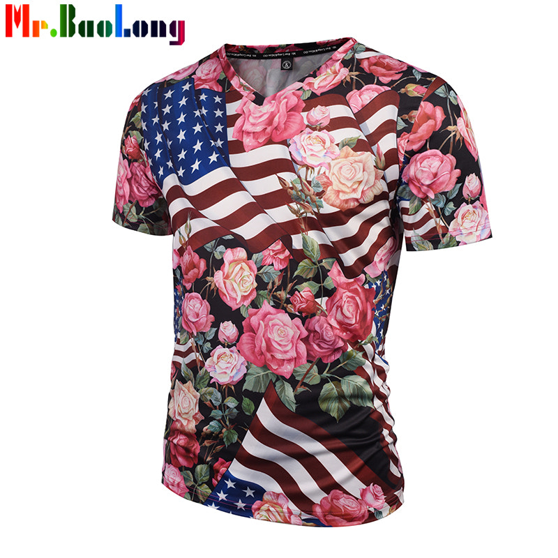 Mr.BaoLong Spring Summer Hawaiian T Shirts Men Brand Clothing American flag full floral Print...