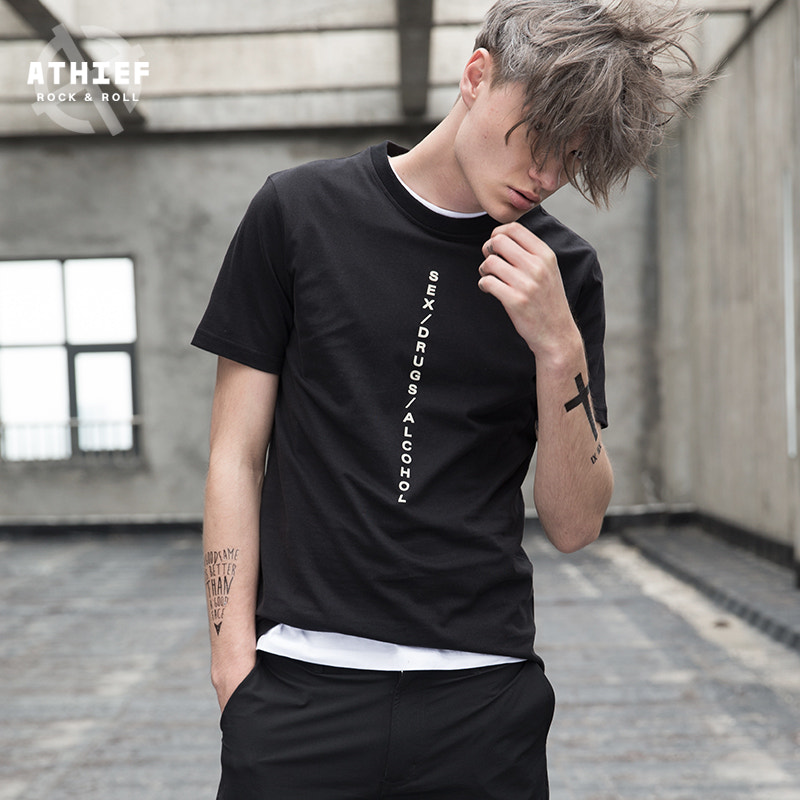 ATHIEF Vertical text Printed Tee SEX DRUGS ALCOHOL Rock N Roll Slogan Plus Long O-Neck Street...