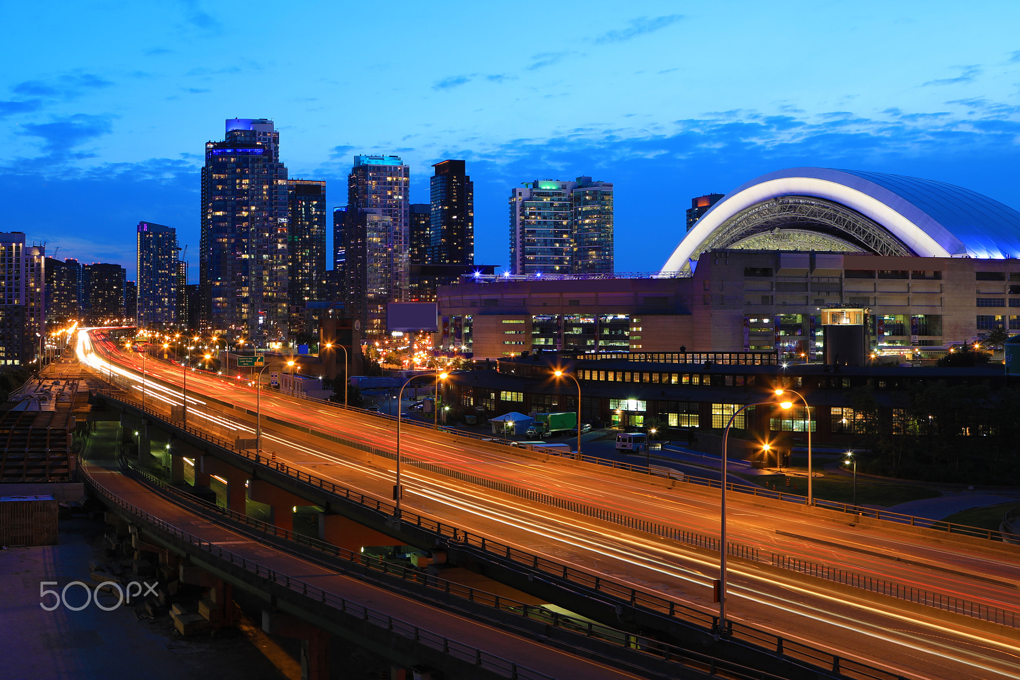 View by the Gardiner Expressway in Toronto after dark