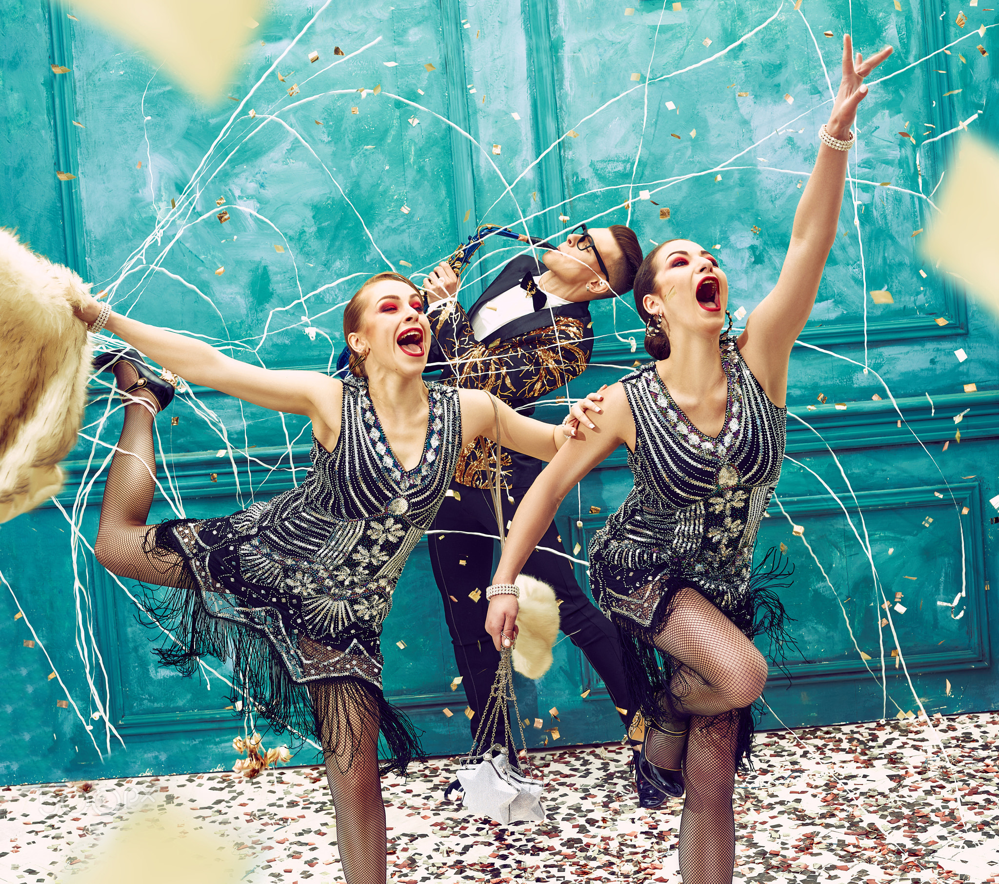 The studio shot of group of retro dancers