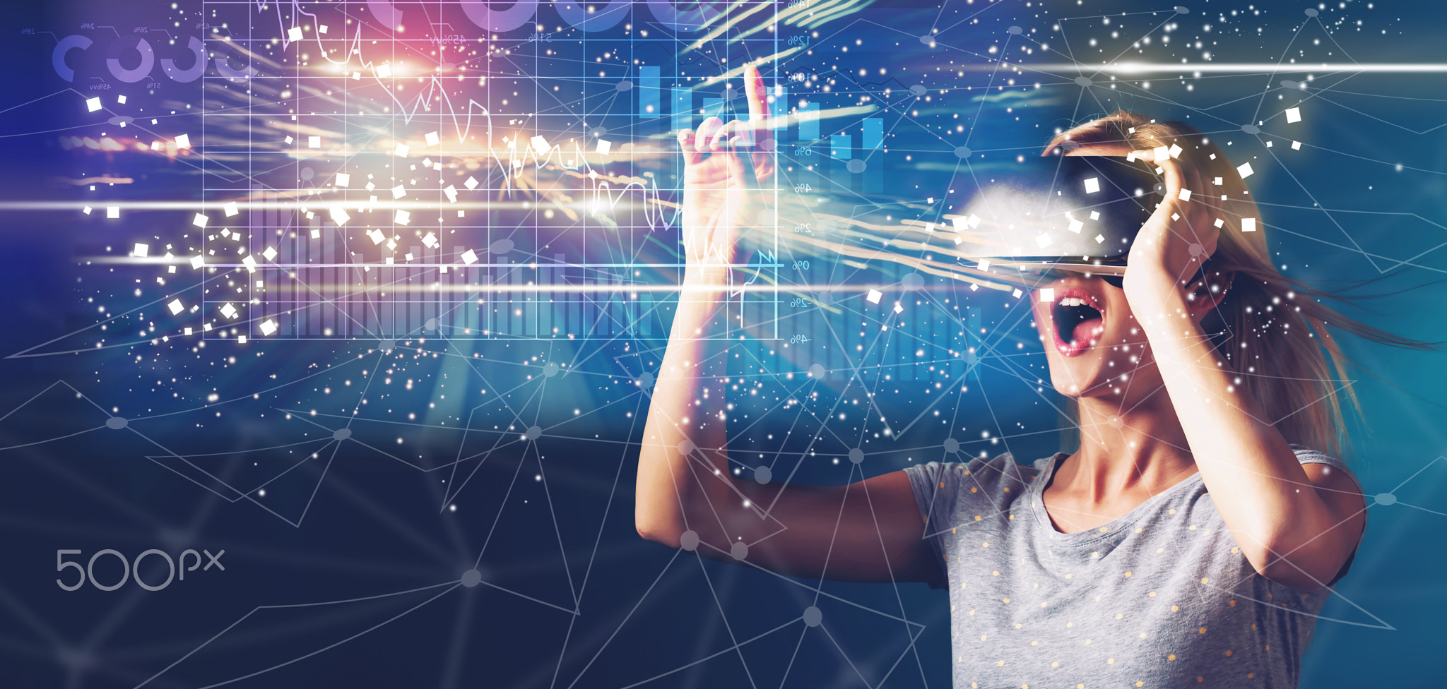 Graph with young woman with VR