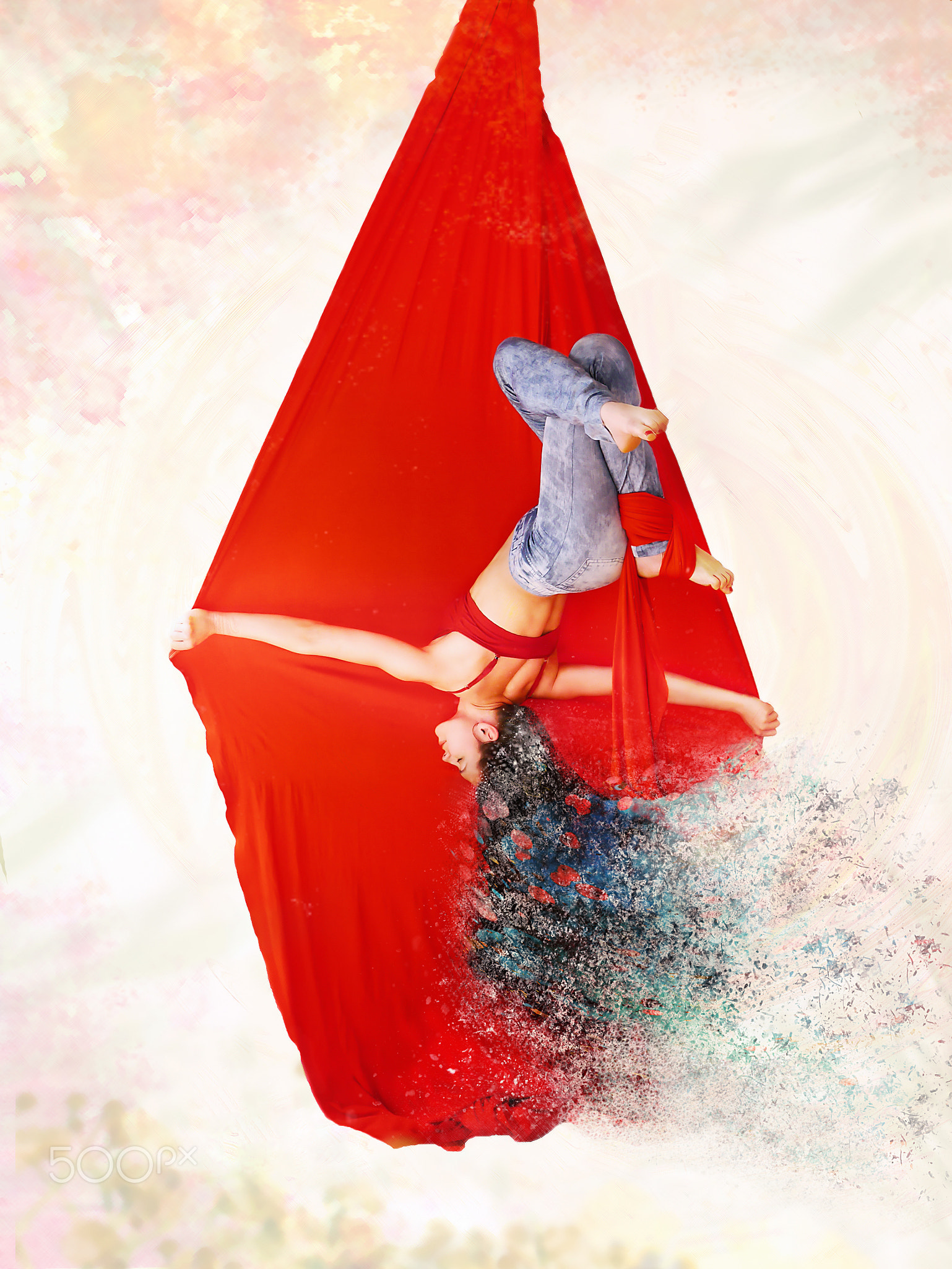 Aerial silk dancer with magical hair